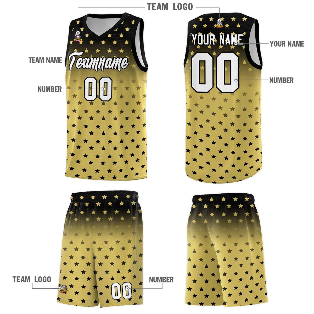 Custom Black Old Gold Gradient Start Pattern Basketball Jersey Sets