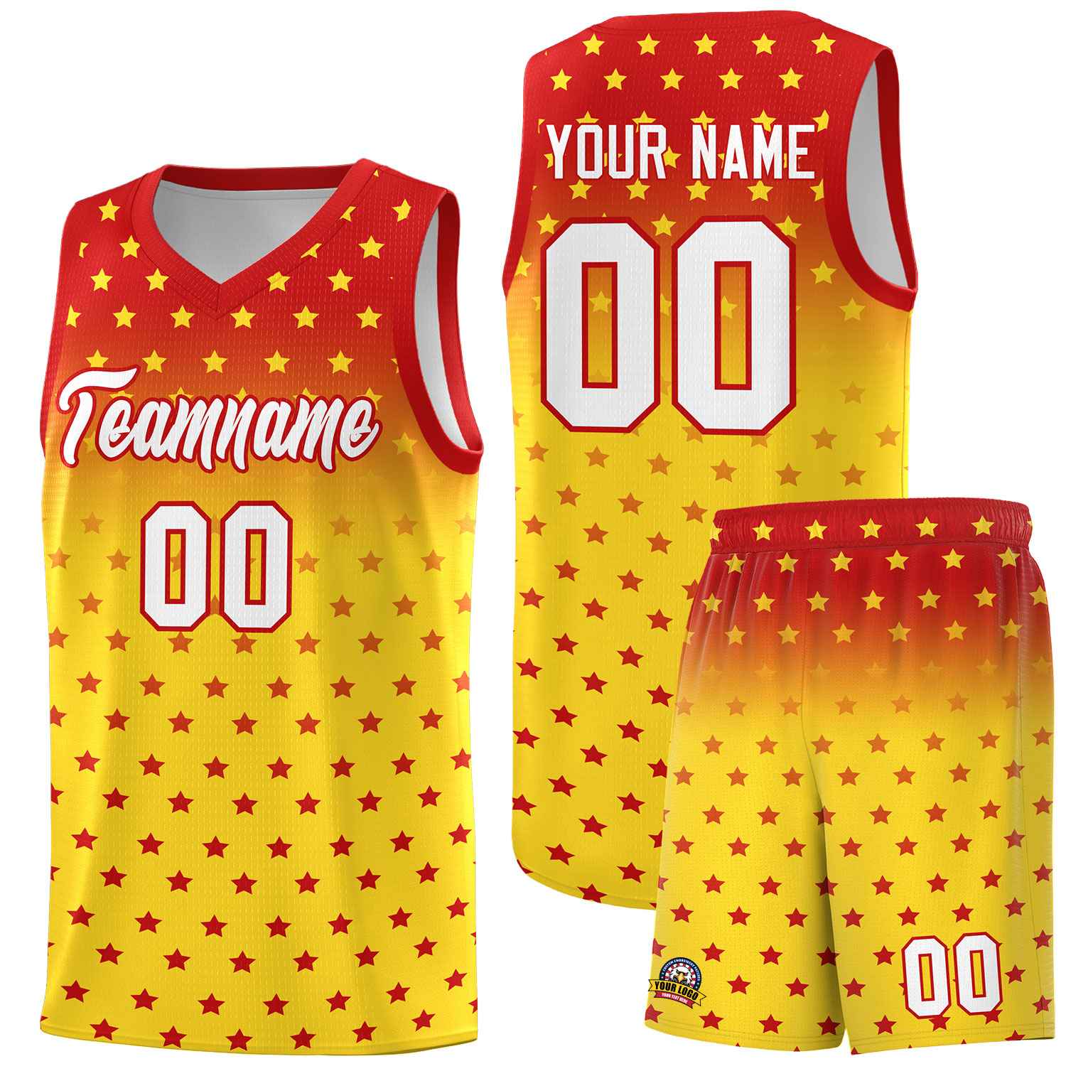 Custom Red Gold Gradient Start Pattern Basketball Jersey Sets