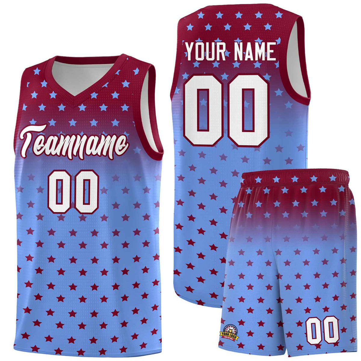 Custom Crimson Light Blue Gradient Start Pattern Basketball Jersey Sets