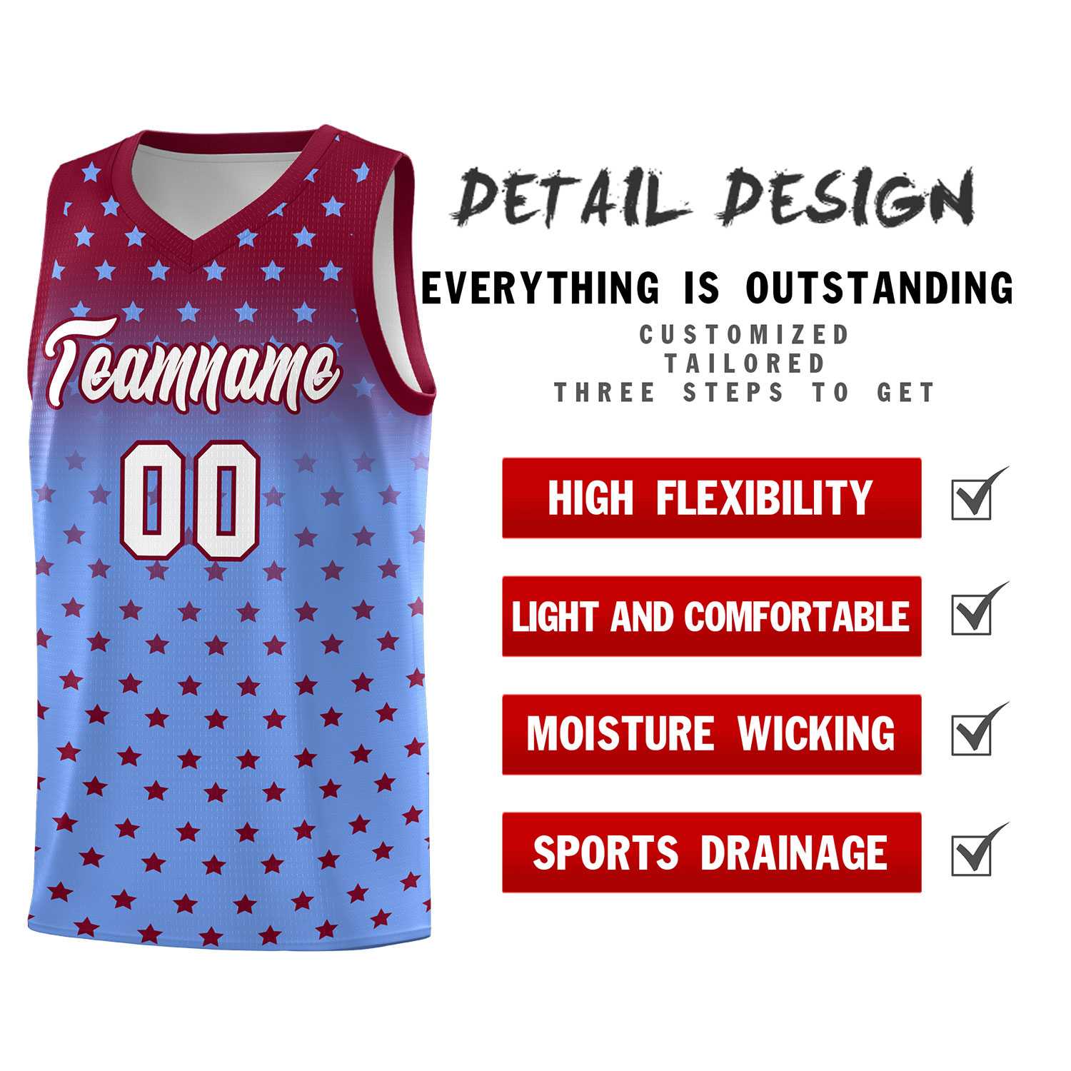 Custom Crimson Light Blue Gradient Start Pattern Basketball Jersey Sets