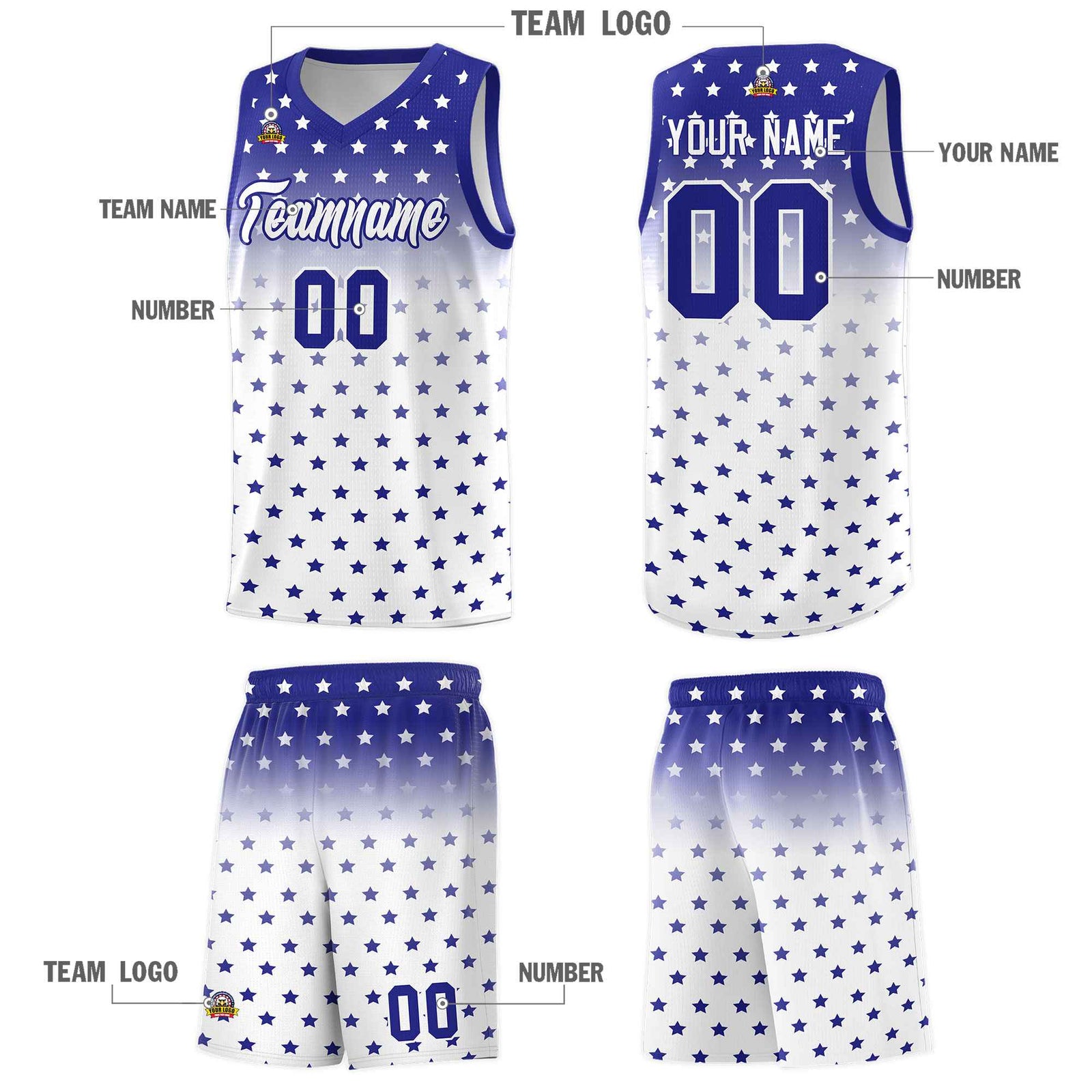 Custom Royal White Gradient Start Pattern Basketball Jersey Sets