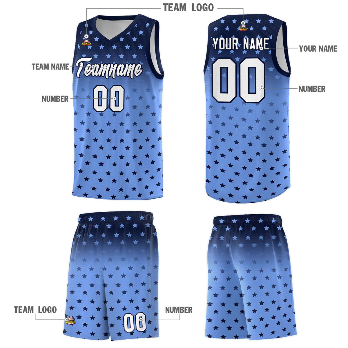 Custom Navy Light Blue Gradient Start Pattern Basketball Jersey Sets
