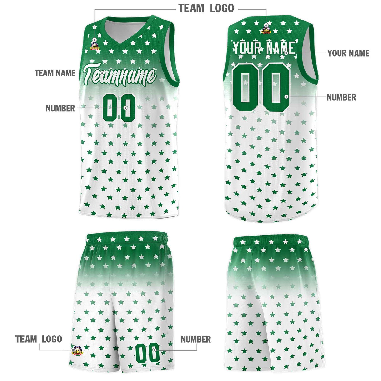 Custom Kelly Green White Gradient Start Pattern Basketball Jersey Sets
