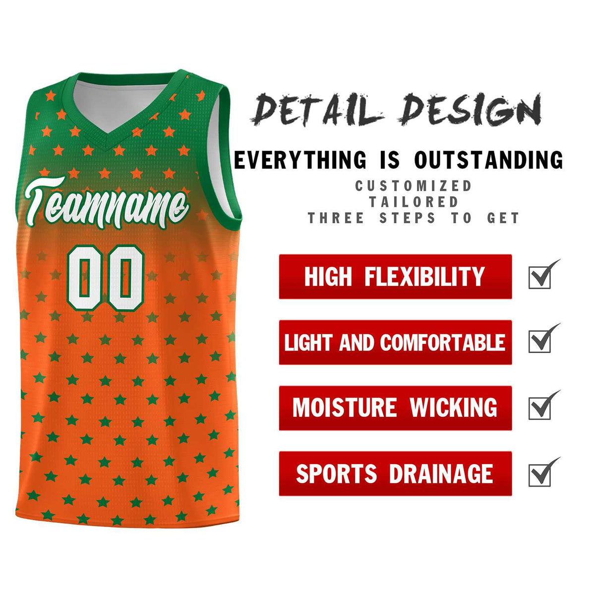 Custom Kelly Green Orange Gradient Start Pattern Basketball Jersey Sets