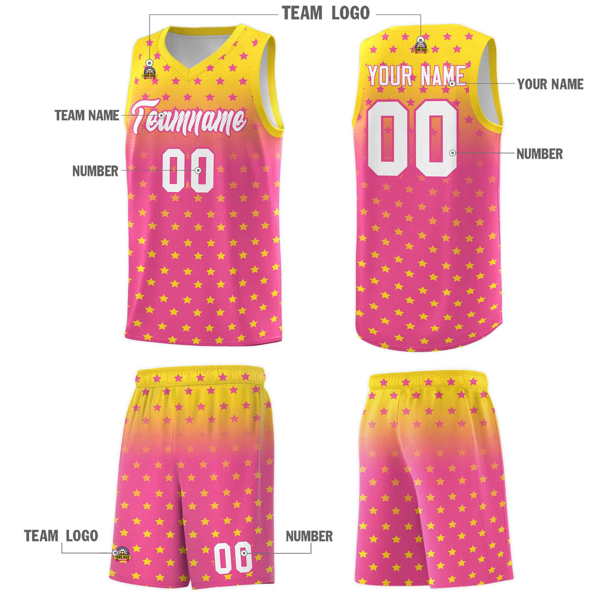 Custom Gold Pink Gradient Start Pattern Basketball Jersey Sets