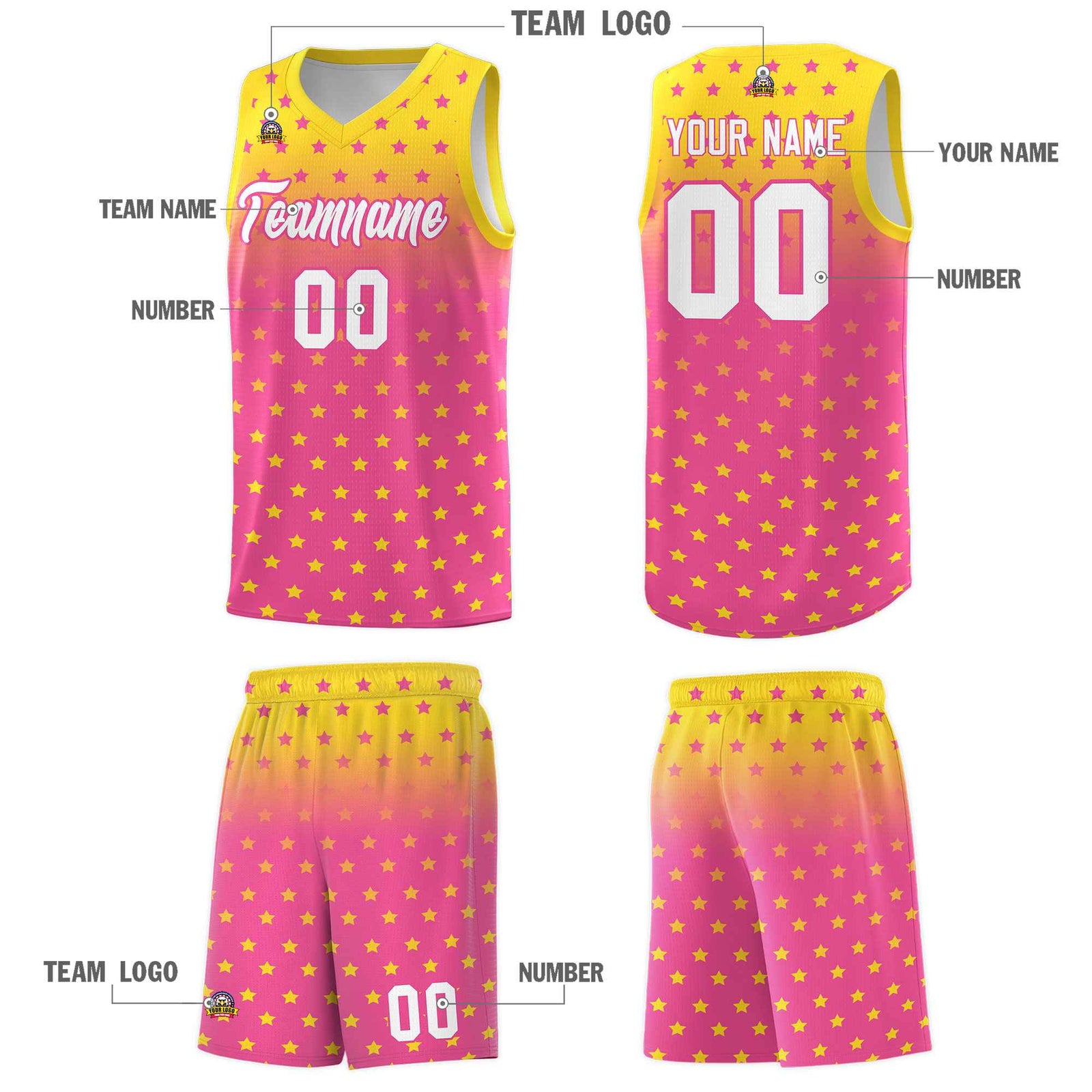 Custom Gold Pink Gradient Start Pattern Basketball Jersey Sets
