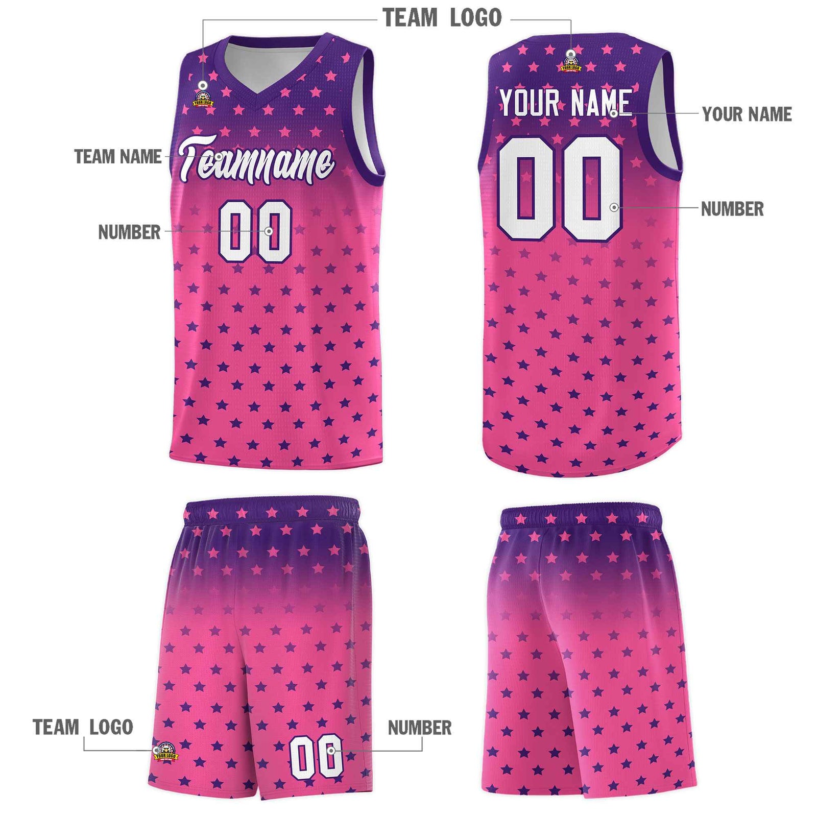Custom Purple Pink Gradient Start Pattern Basketball Jersey Sets