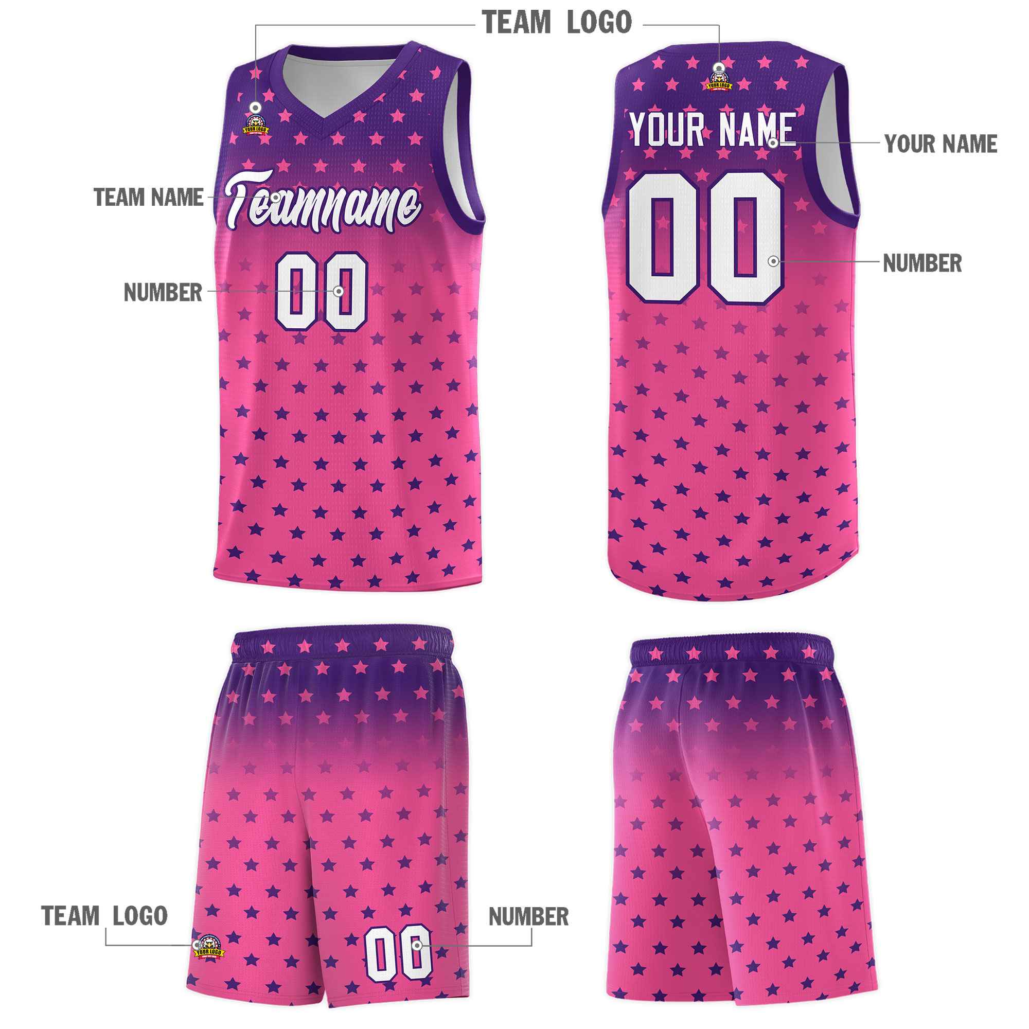 Custom Purple Pink Gradient Start Pattern Basketball Jersey Sets