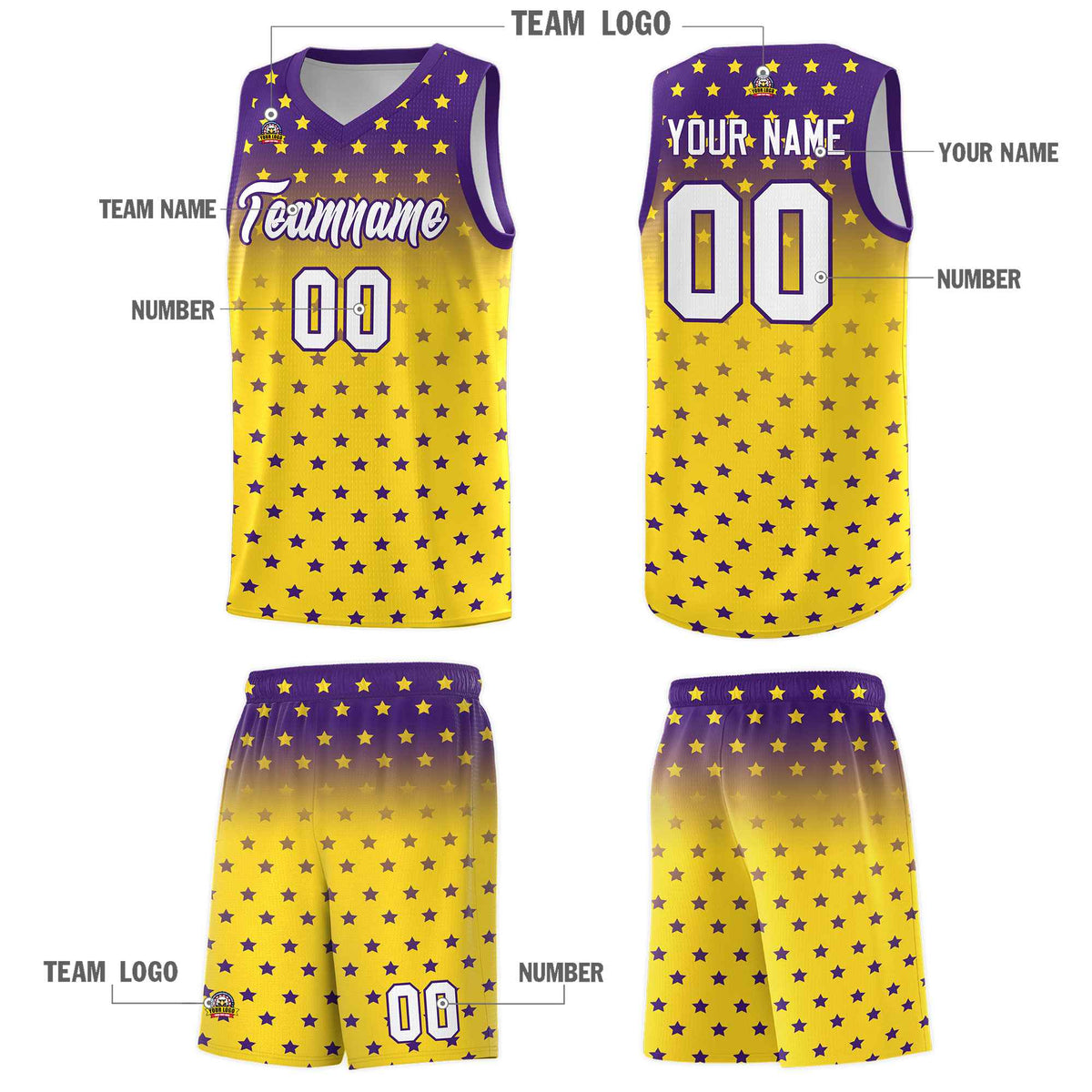 Custom Purple Gold Gradient Start Pattern Basketball Jersey Sets