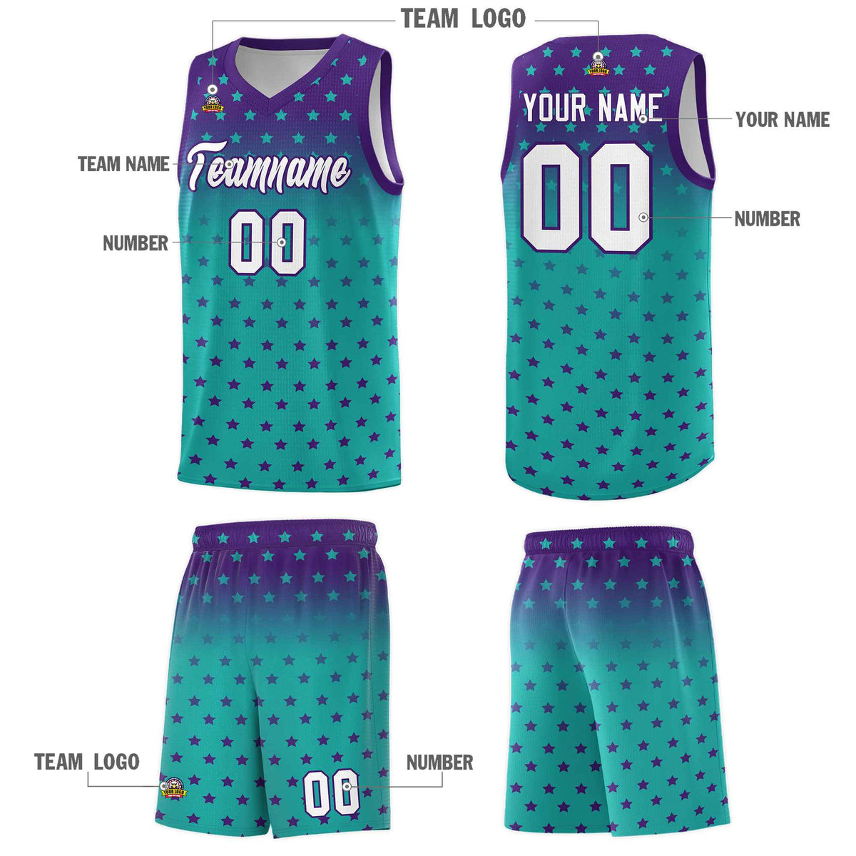 Custom Purple Aqua Gradient Start Pattern Basketball Jersey Sets