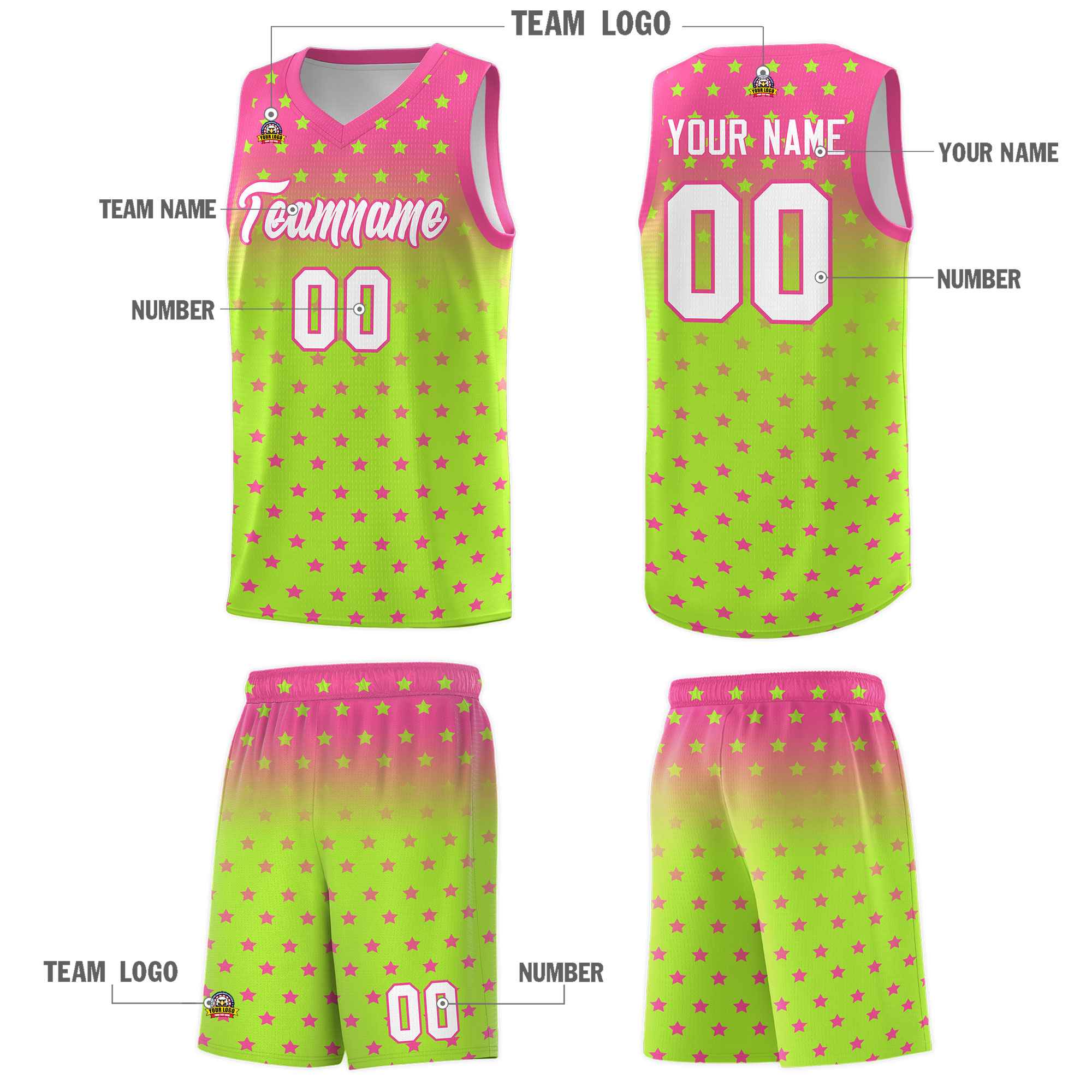 Custom Pink Light Green Gradient Start Pattern Basketball Jersey Sets
