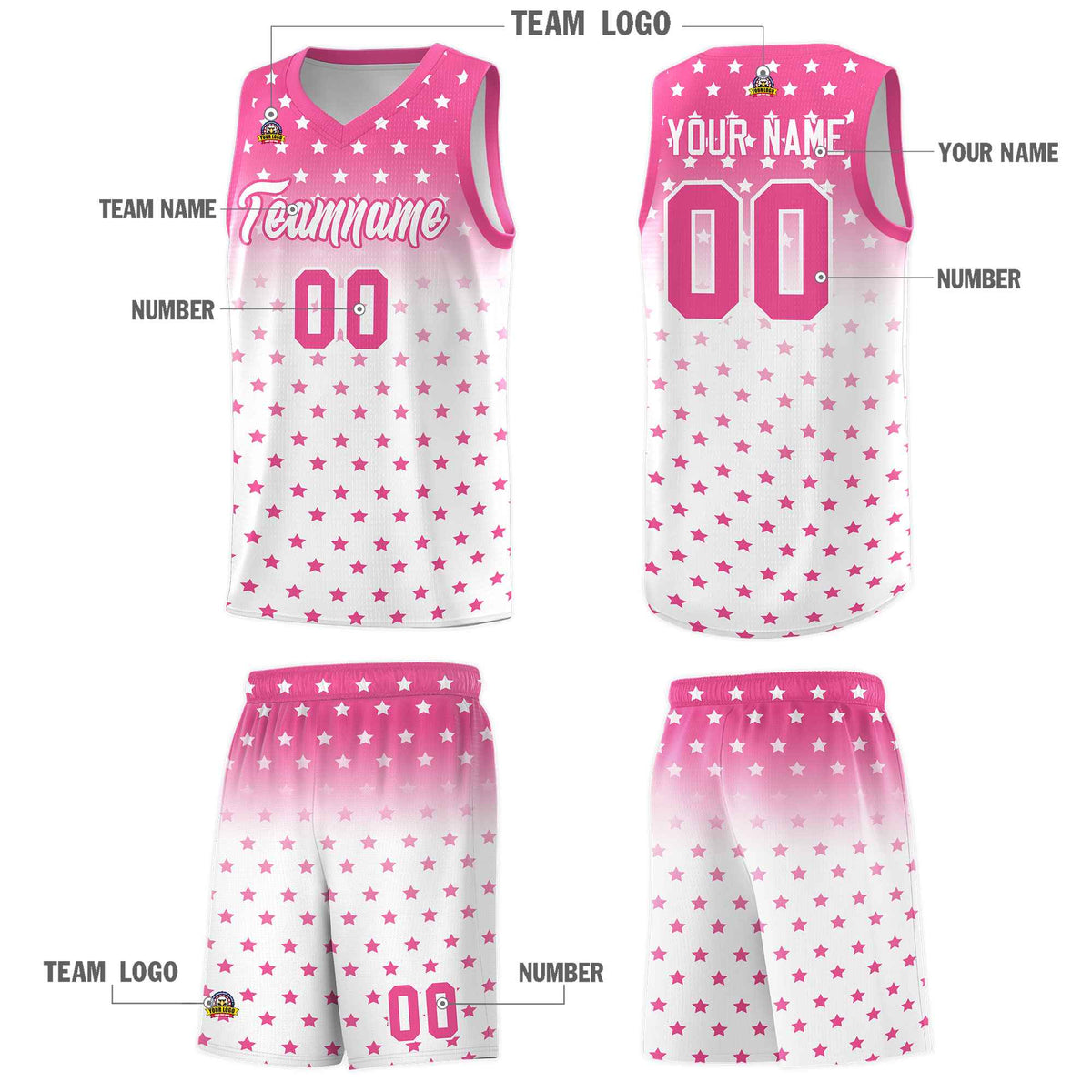 Custom Pink White Gradient Start Pattern Basketball Jersey Sets