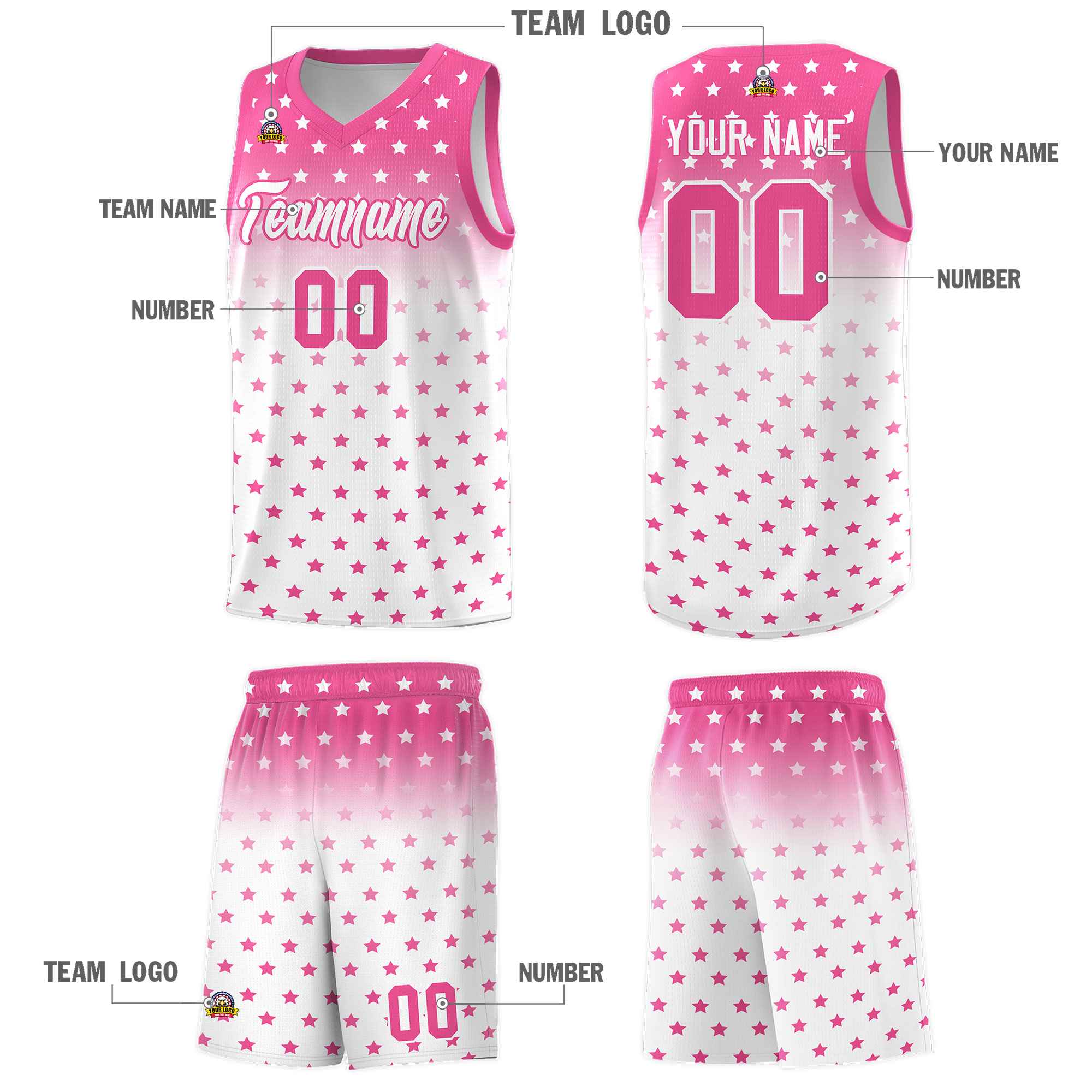 Custom Pink White Gradient Start Pattern Basketball Jersey Sets