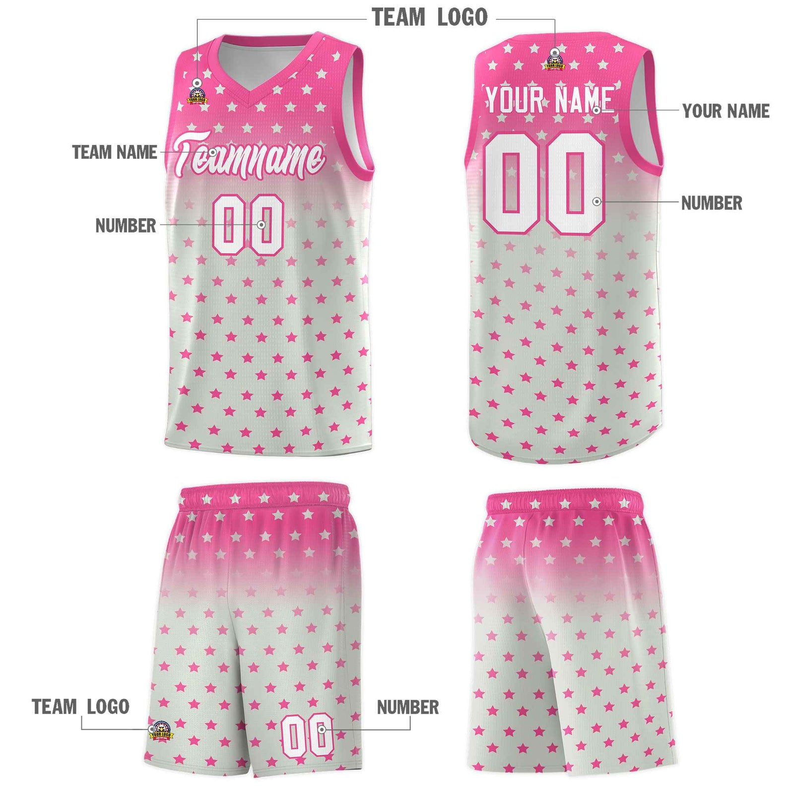 Custom Pink Gray Gradient Start Pattern Basketball Jersey Sets