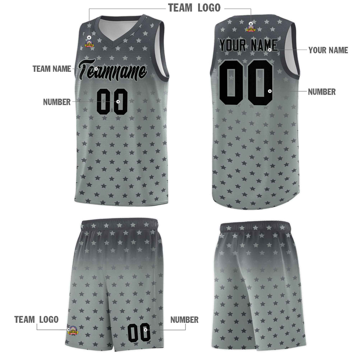 Custom Dark Gray Silver Gradient Start Pattern Basketball Jersey Sets