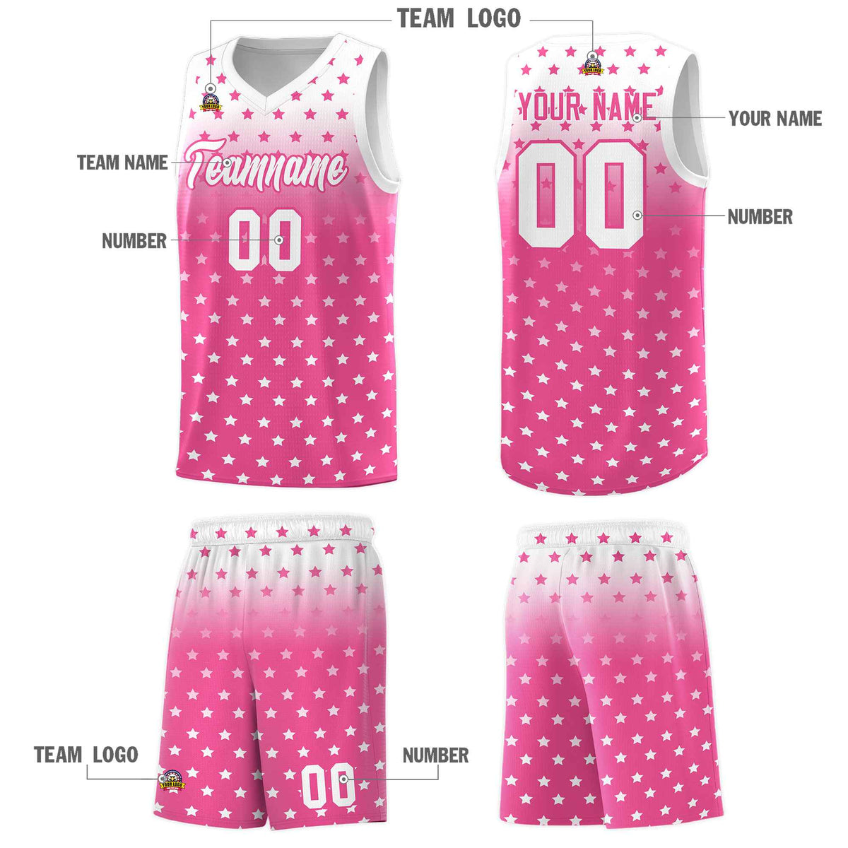 Custom White Pink Gradient Start Pattern Basketball Jersey Sets