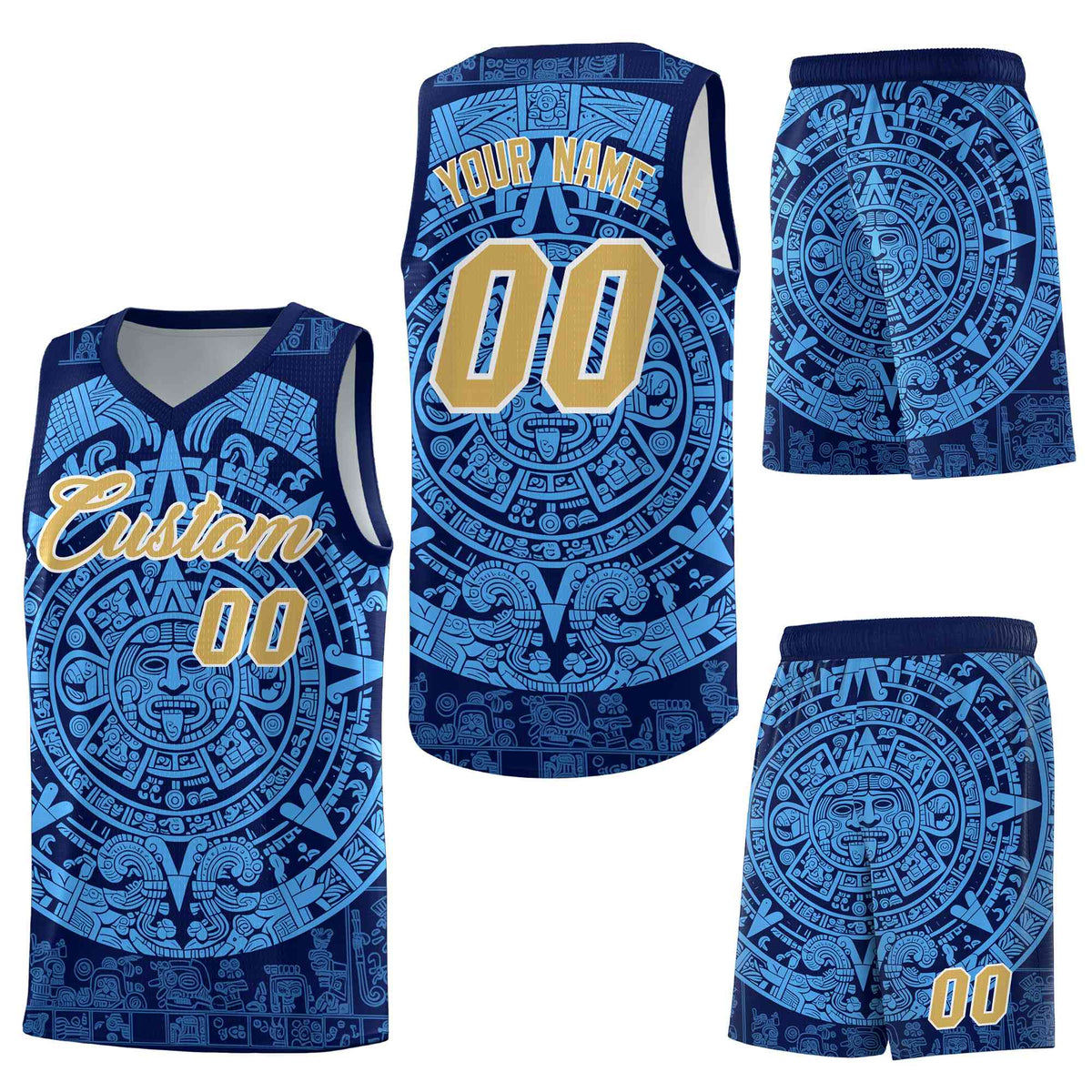 Custom Navy Powder Blue Aztec Sun Stone Graffiti Pattern Breathable Uniform Basketball Jersey