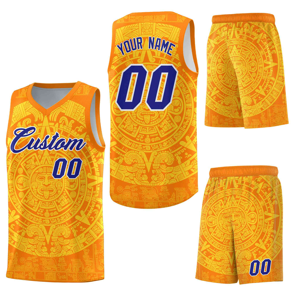 Custom Orange Gold Aztec Sun Stone Graffiti Pattern Lightweight Uniform Basketball Jersey