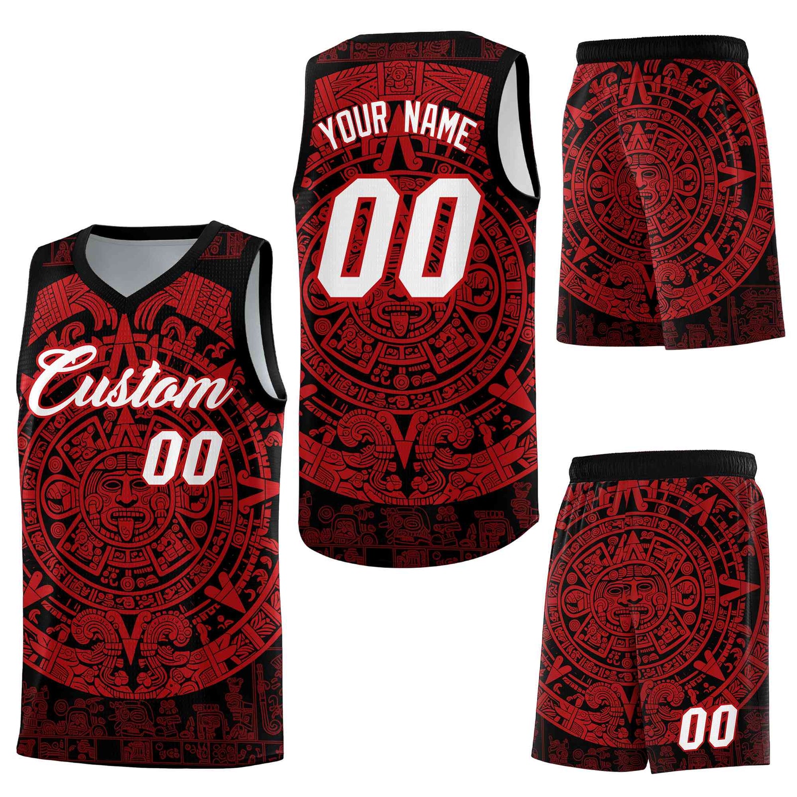 Custom Black Red Aztec Sun Stone Graffiti Pattern Drapable Uniform Basketball Jersey