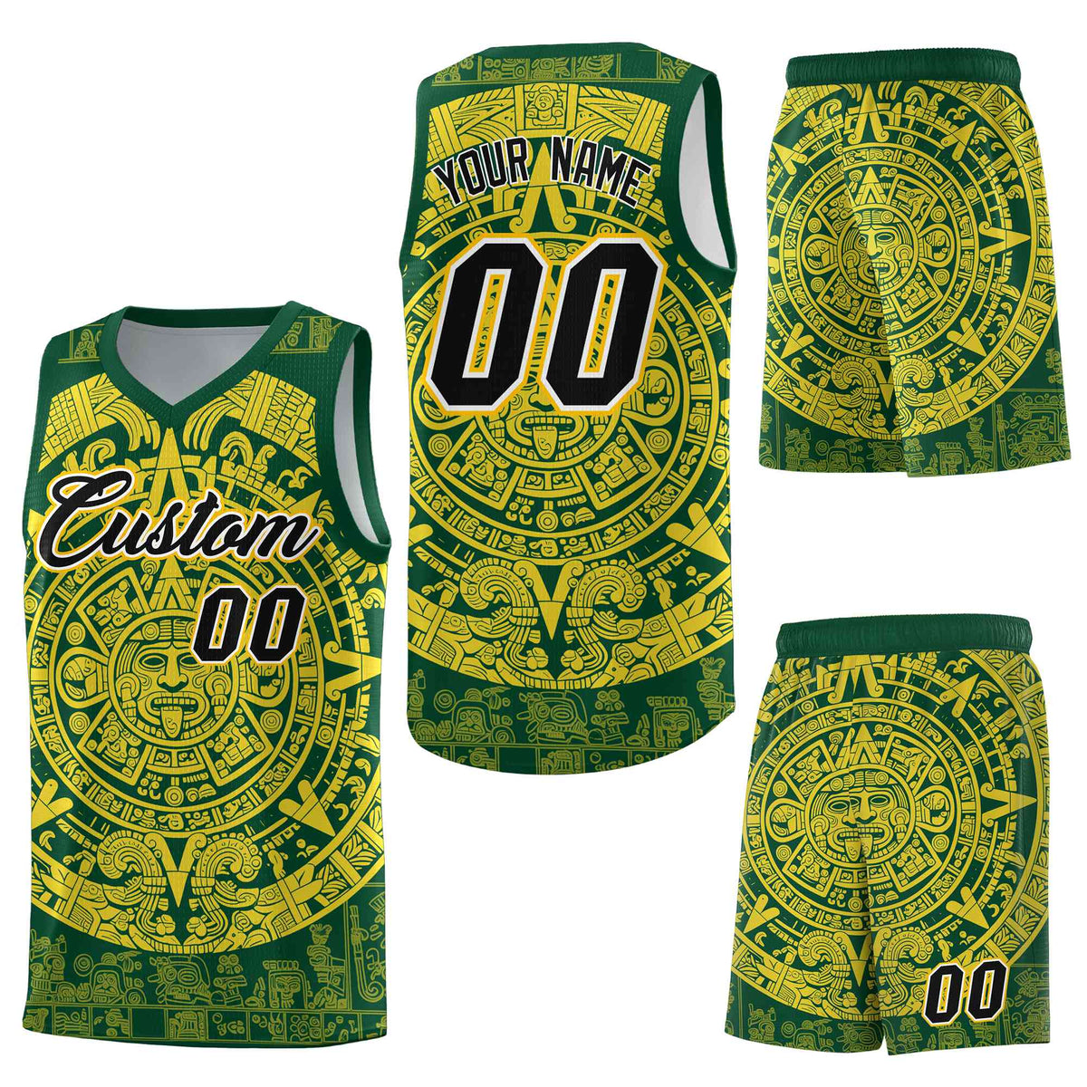 Custom Green Gold Aztec Sun Stone Graffiti Pattern Quick-Drying Uniform Basketball Jersey