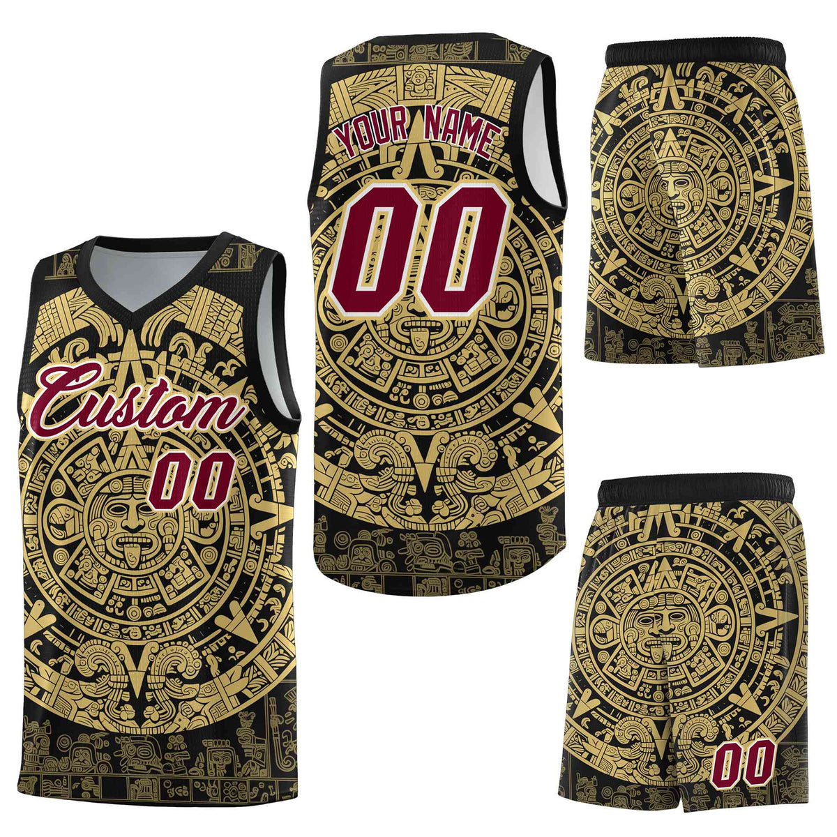 Custom Black Old Gold Aztec Sun Stone Graffiti Pattern Lightweight Uniform Basketball Jersey