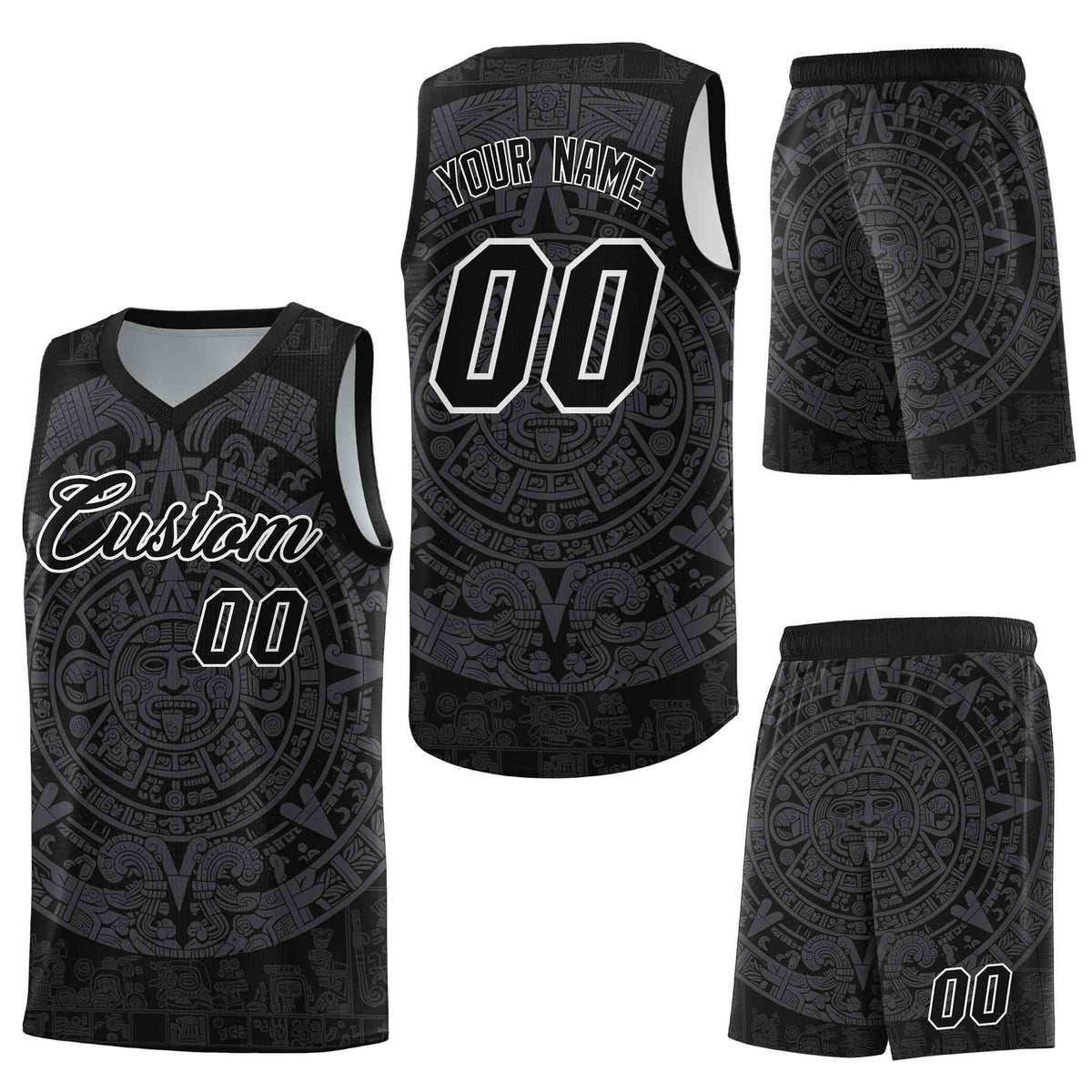 Custom Black Gray Aztec Sun Stone Graffiti Pattern Wrinkle-Resistant Uniform Basketball Jersey