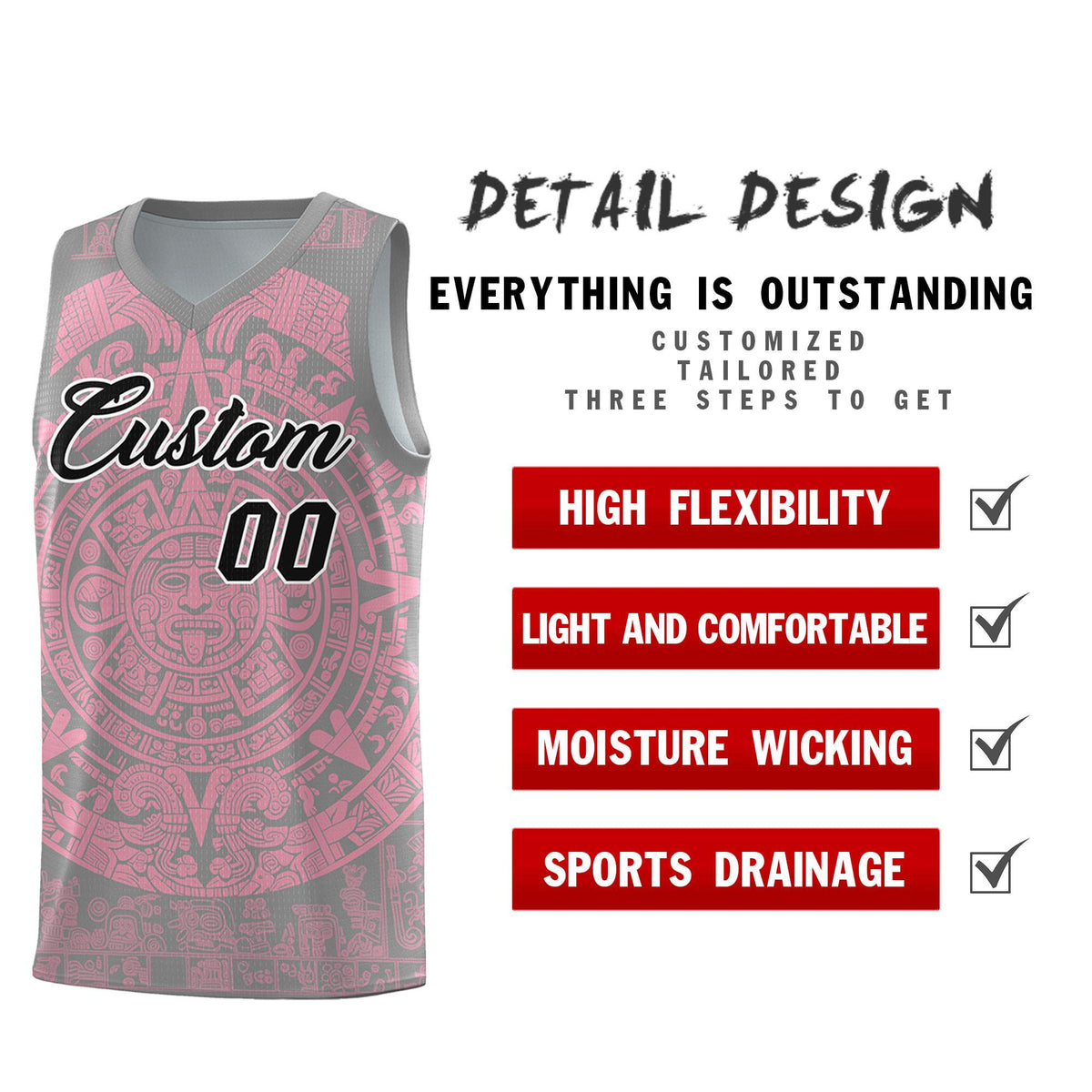 Custom Youth Basketball Jerseys Light Pink Aztec Sun Stone Pattern Custom Team Set