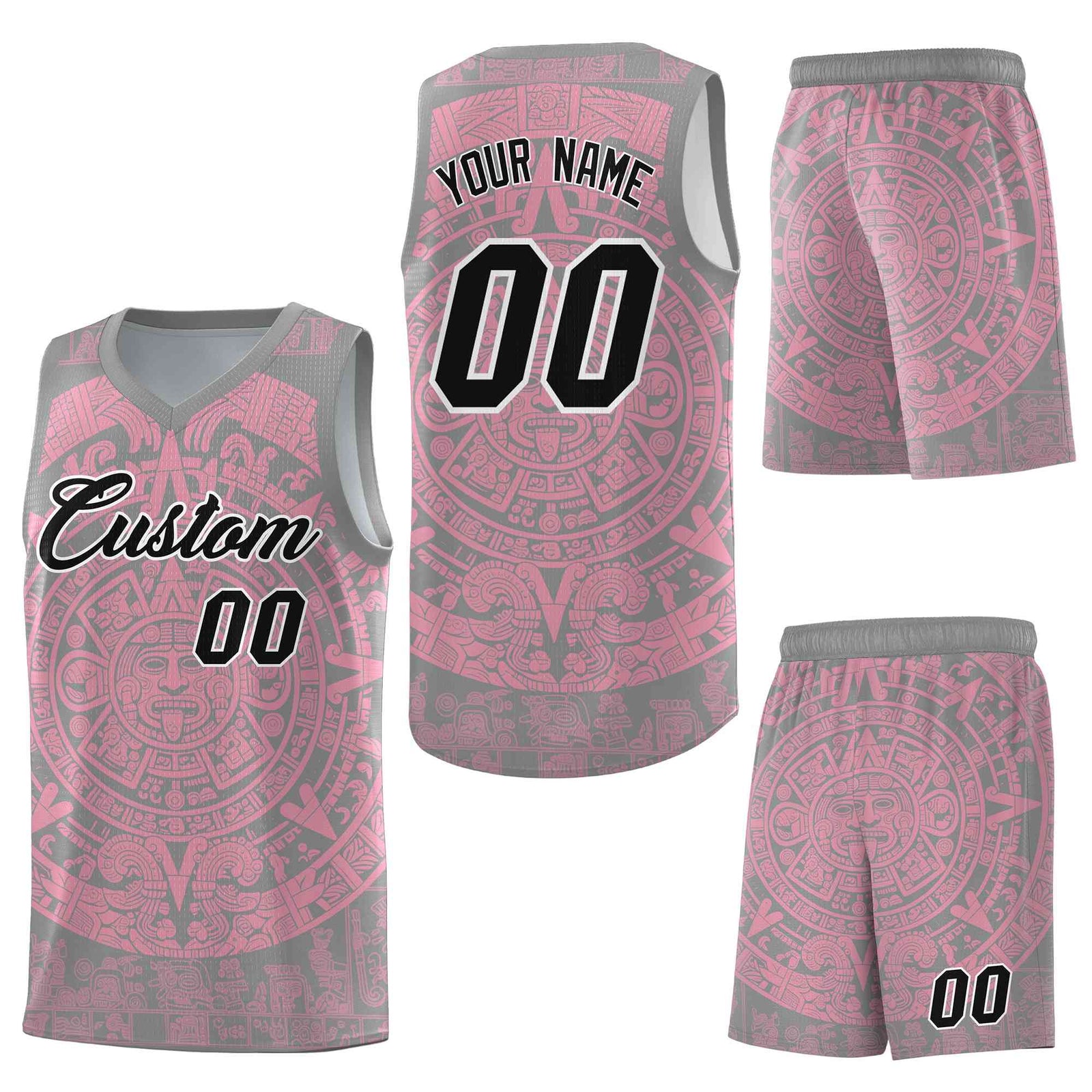 Custom Gray Light Pink Aztec Sun Stone Graffiti Pattern Breathable Uniform Basketball Jersey