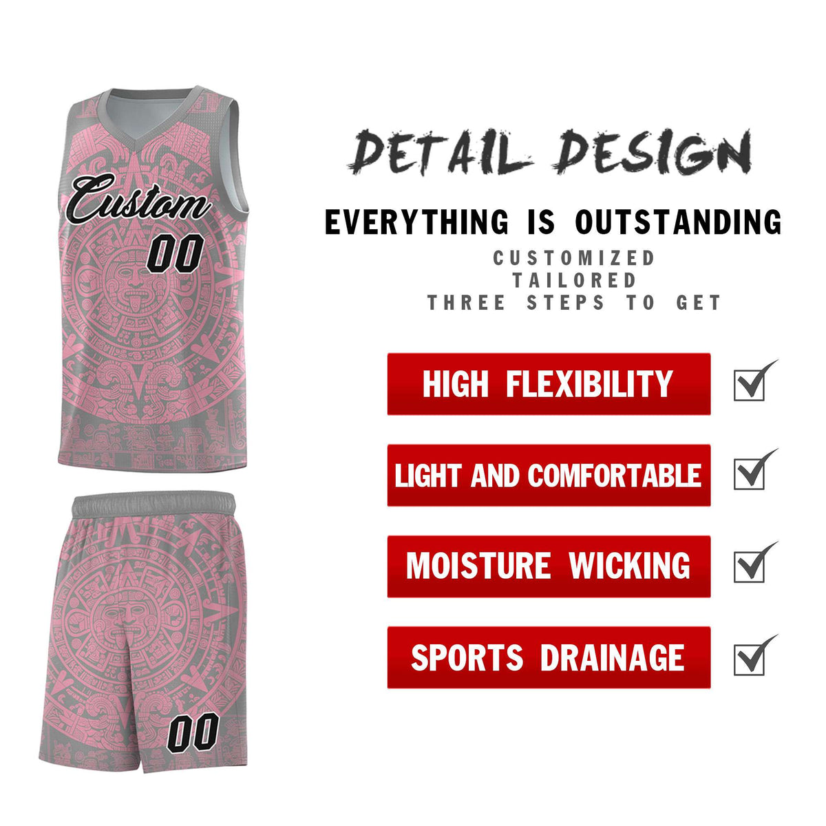 Custom Youth Basketball Jerseys Light Pink Aztec Sun Stone Pattern Custom Team Set