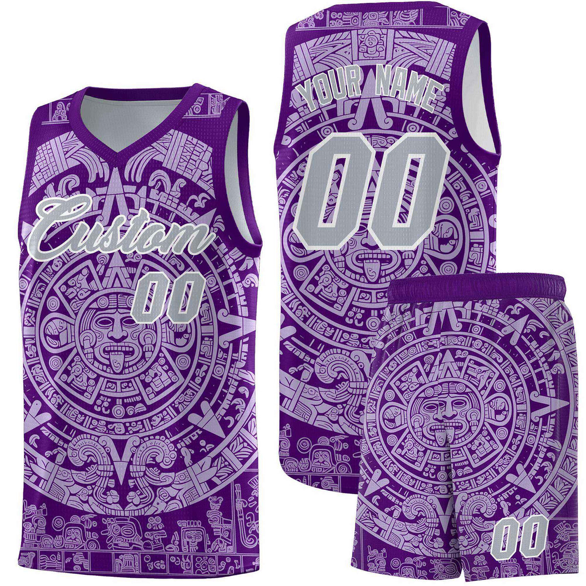 Custom Youth Basketball Jerseys Light Purple Aztec Sun Stone Pattern Custom Team Set
