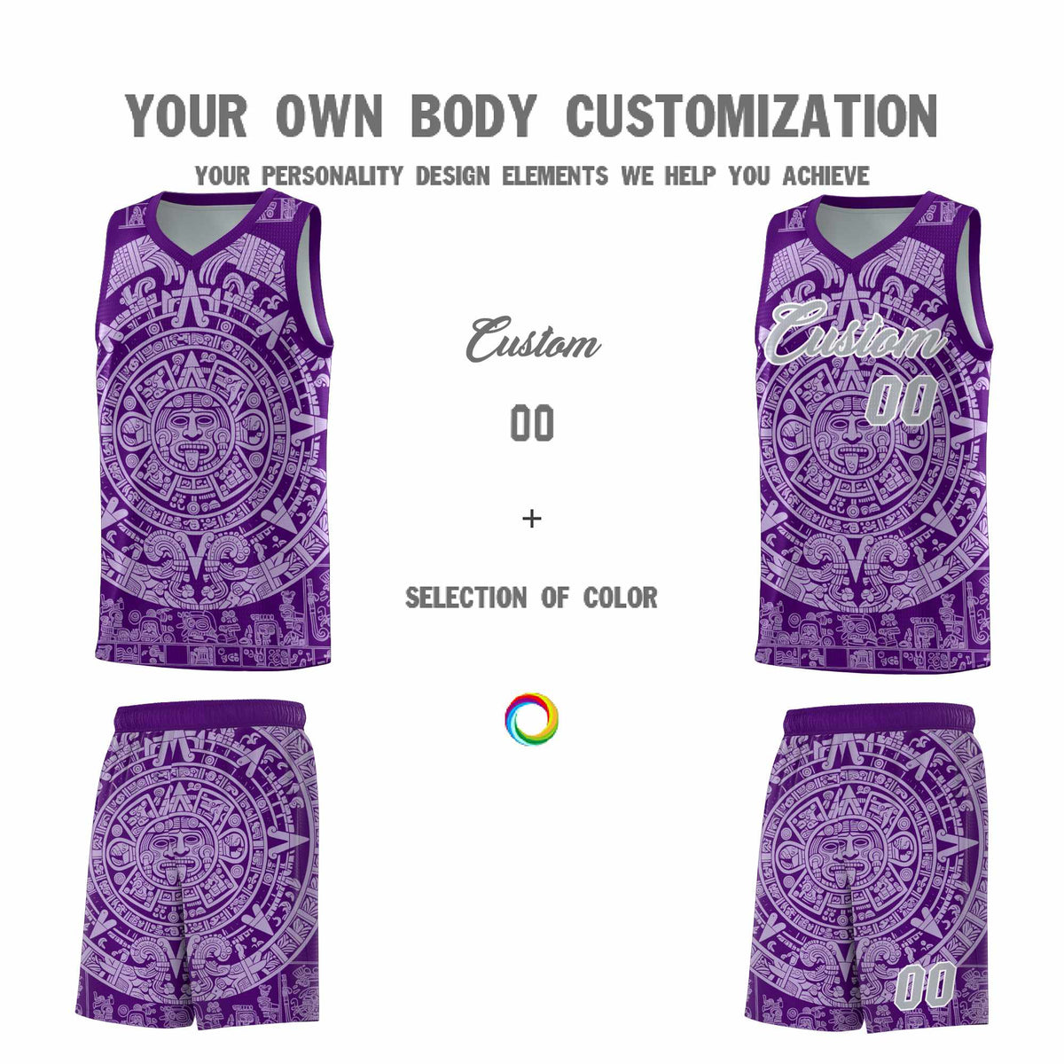 Custom Youth Basketball Jerseys Light Purple Aztec Sun Stone Pattern Custom Team Set