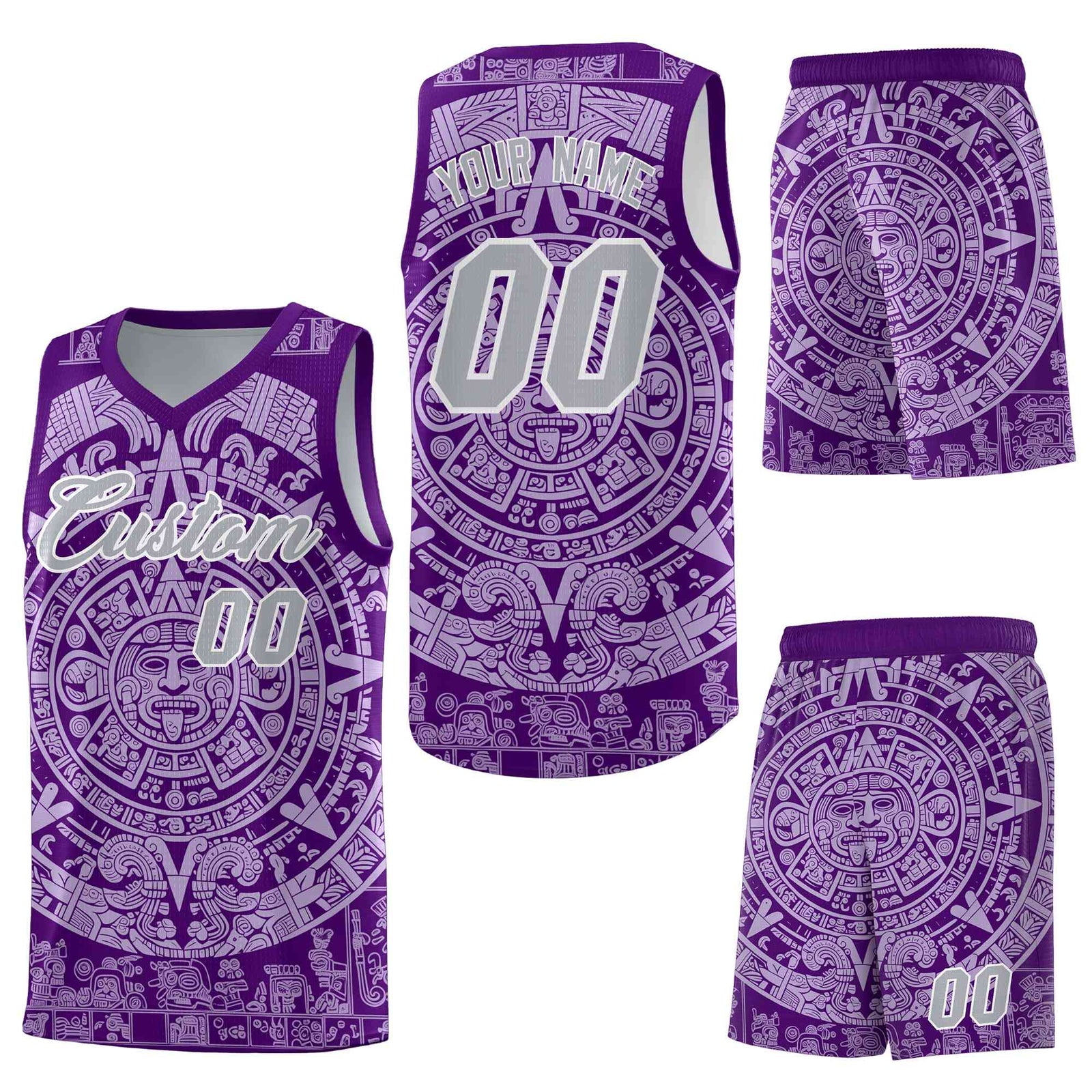 Custom Purple Light Purple Aztec Sun Stone Graffiti Pattern Wrinkle-Resistant Uniform Basketball Jersey