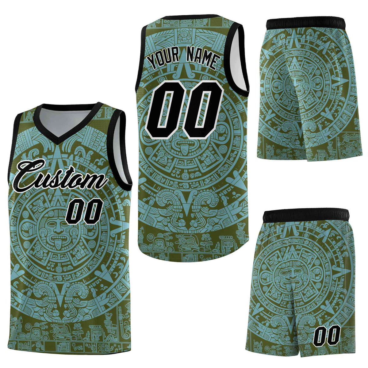 Custom Olive Sky Blue Aztec Sun Stone Graffiti Pattern Breathable Uniform Basketball Jersey