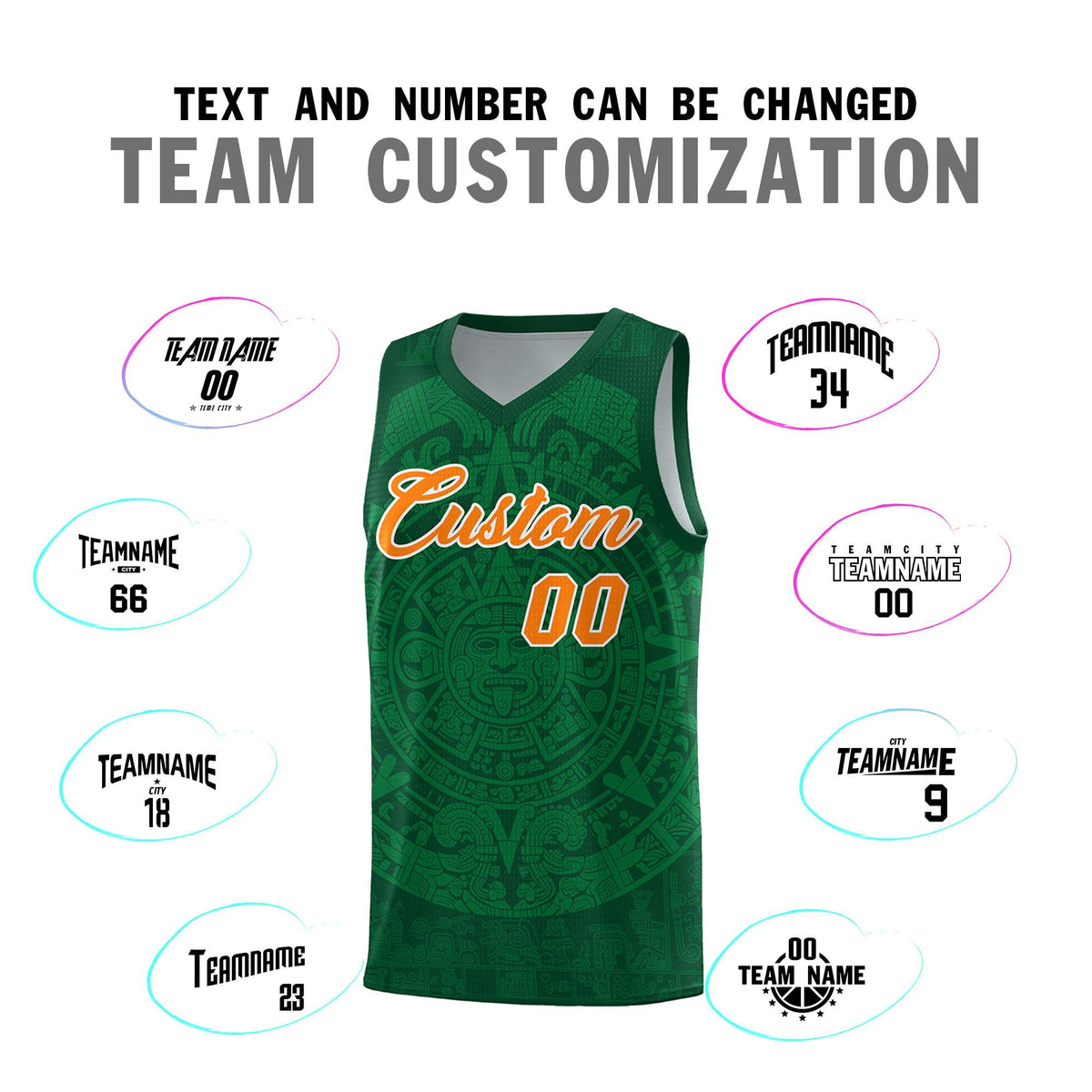 Custom Youth Basketball Jerseys Kelly Green Aztec Sun Stone Personalized Uniform