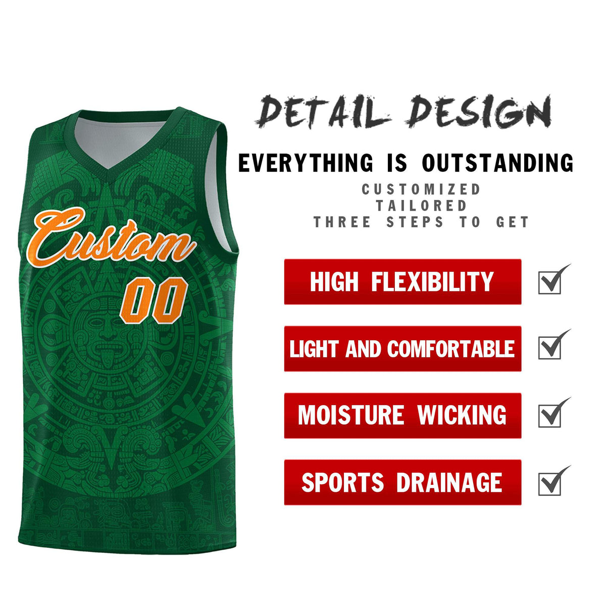 Custom Youth Basketball Jerseys Kelly Green Aztec Sun Stone Personalized Uniform