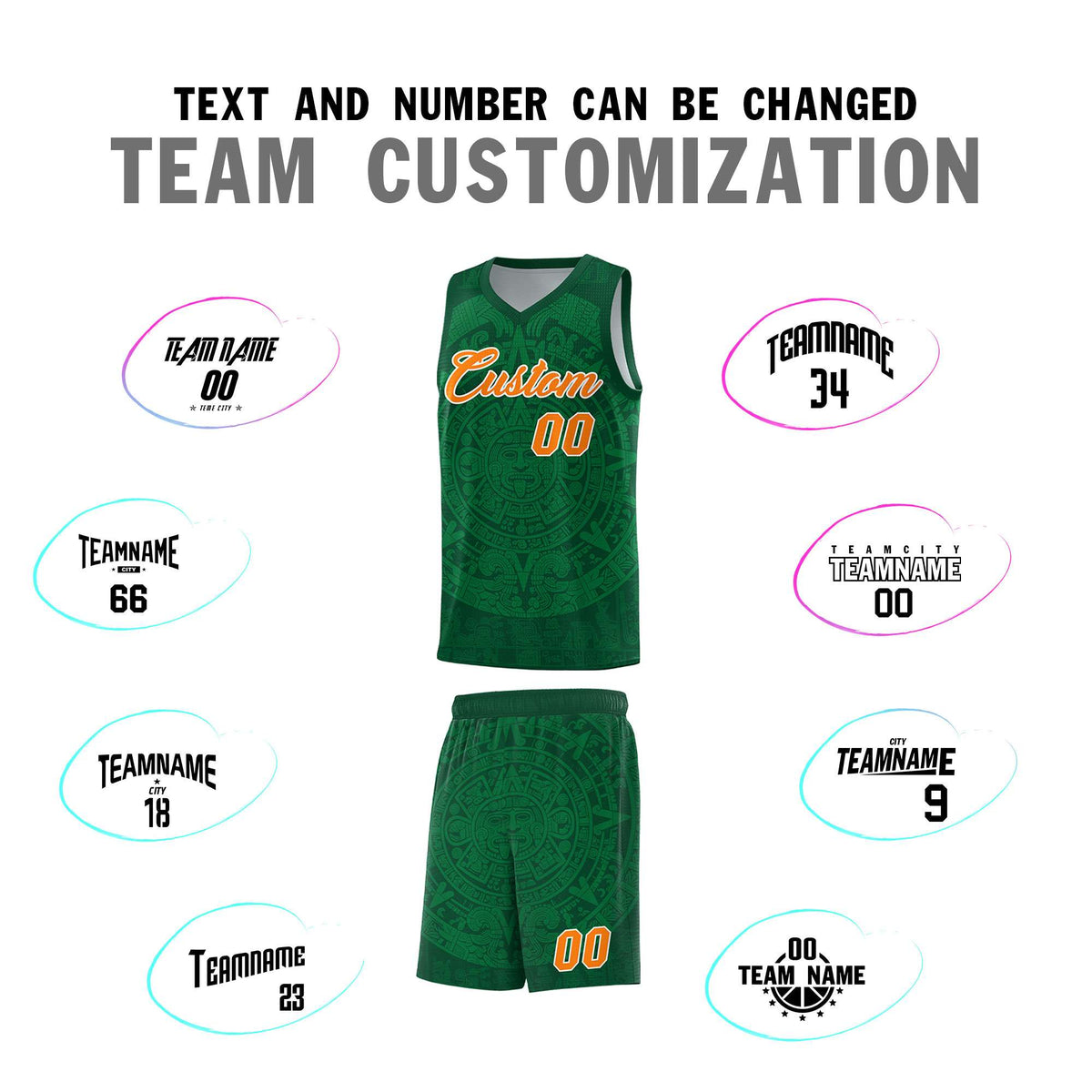 Custom Youth Basketball Jerseys Kelly Green Aztec Sun Stone Personalized Uniform