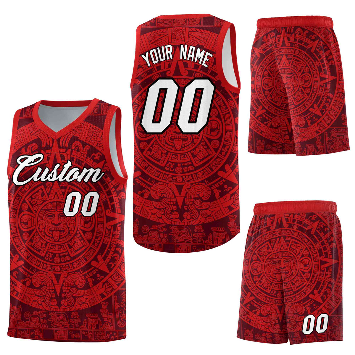 Custom Crimson Red Aztec Sun Stone Graffiti Pattern Drapable Uniform Basketball Jersey