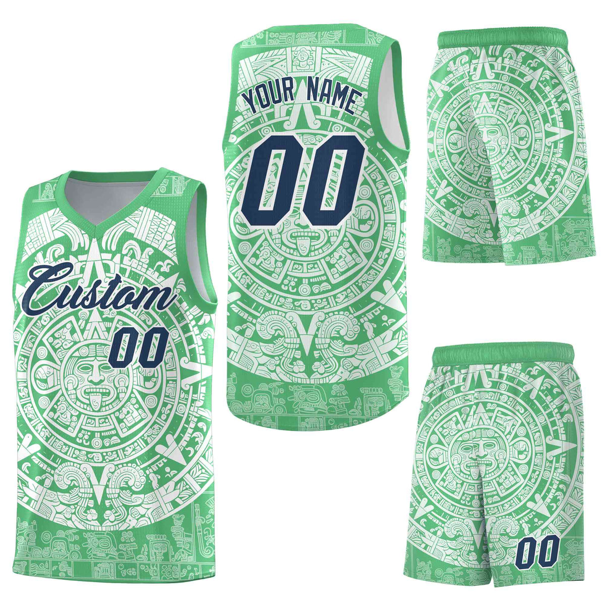 Custom Green White Aztec Sun Stone Graffiti Pattern Breathable Uniform Basketball Jersey