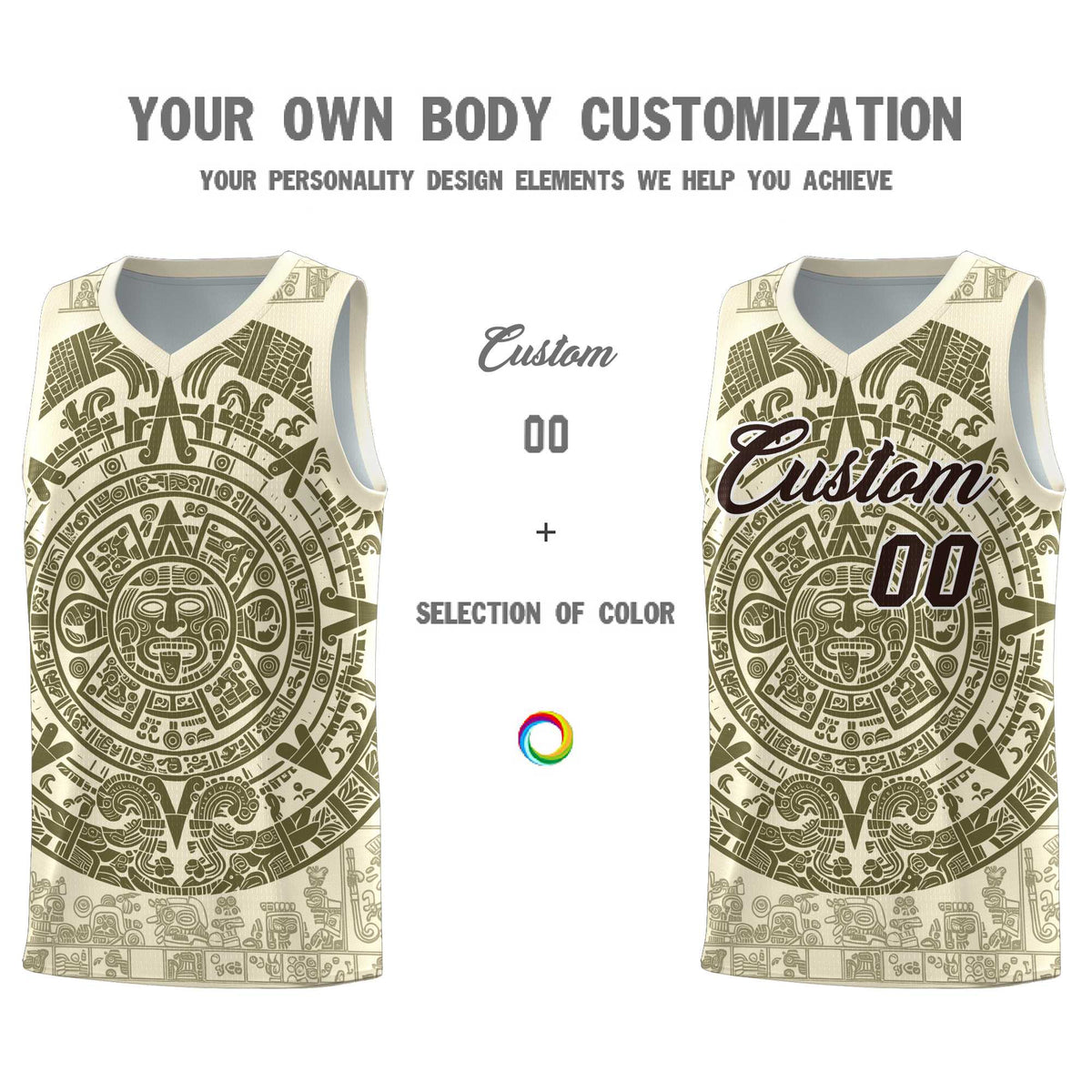 Custom Youth Basketball Jerseys Olive Aztec Sun Stone Personalized Uniform