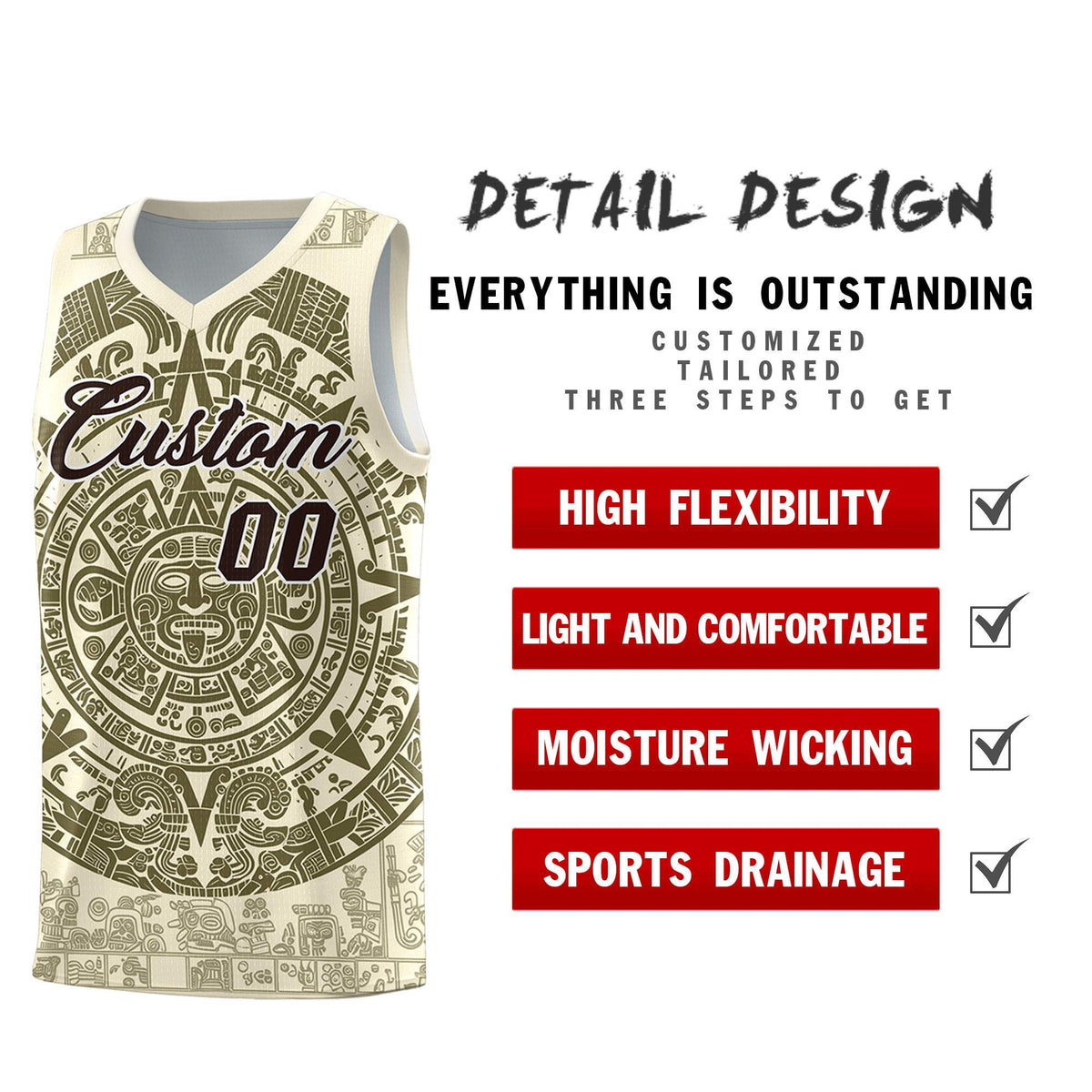 Custom Youth Basketball Jerseys Olive Aztec Sun Stone Personalized Uniform