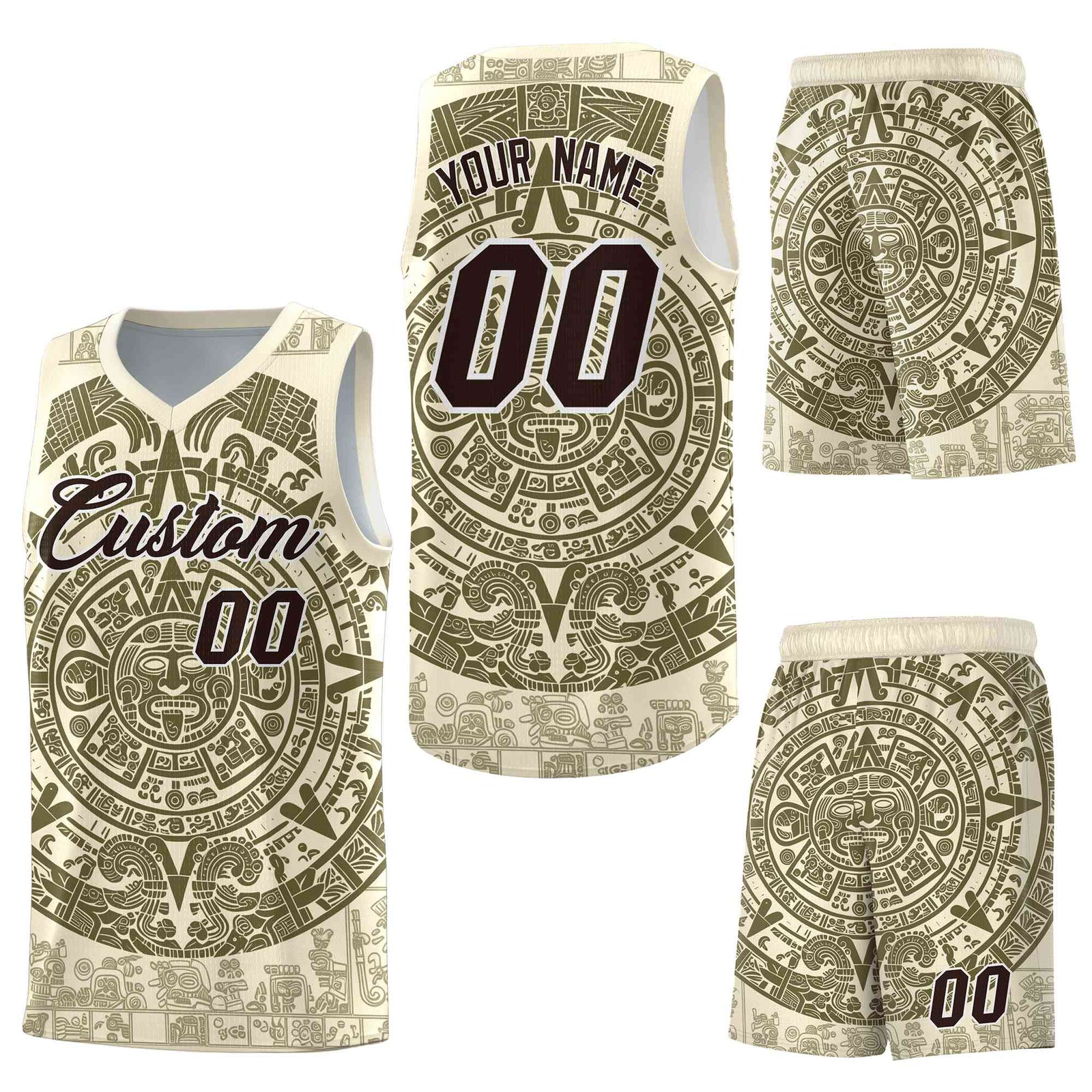 Custom Cream Olive Aztec Sun Stone Graffiti Pattern Quick-Drying Uniform Basketball Jersey
