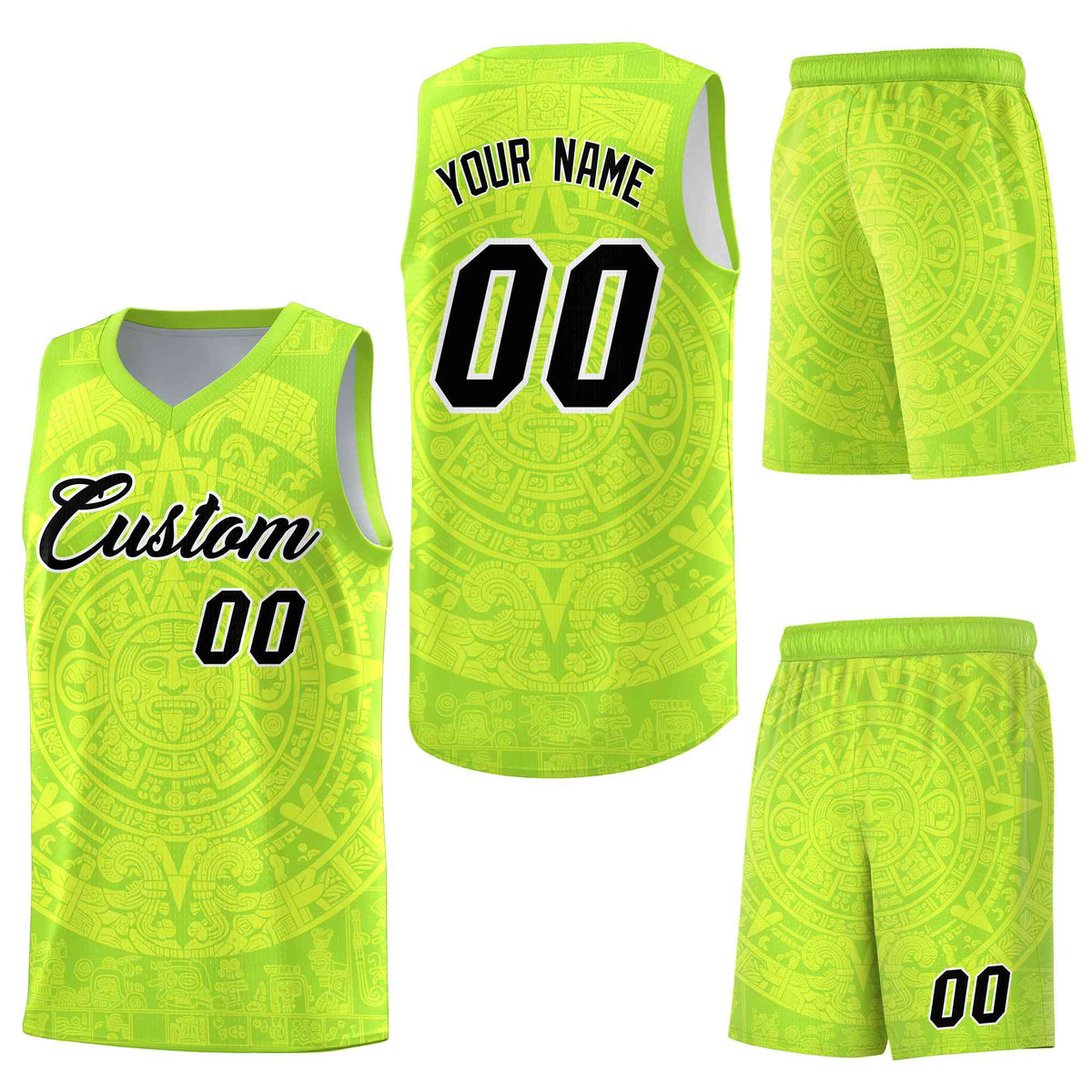 Custom Neon Green Fluorescent Green Aztec Sun Stone Graffiti Pattern Lightweight Uniform Basketball Jersey
