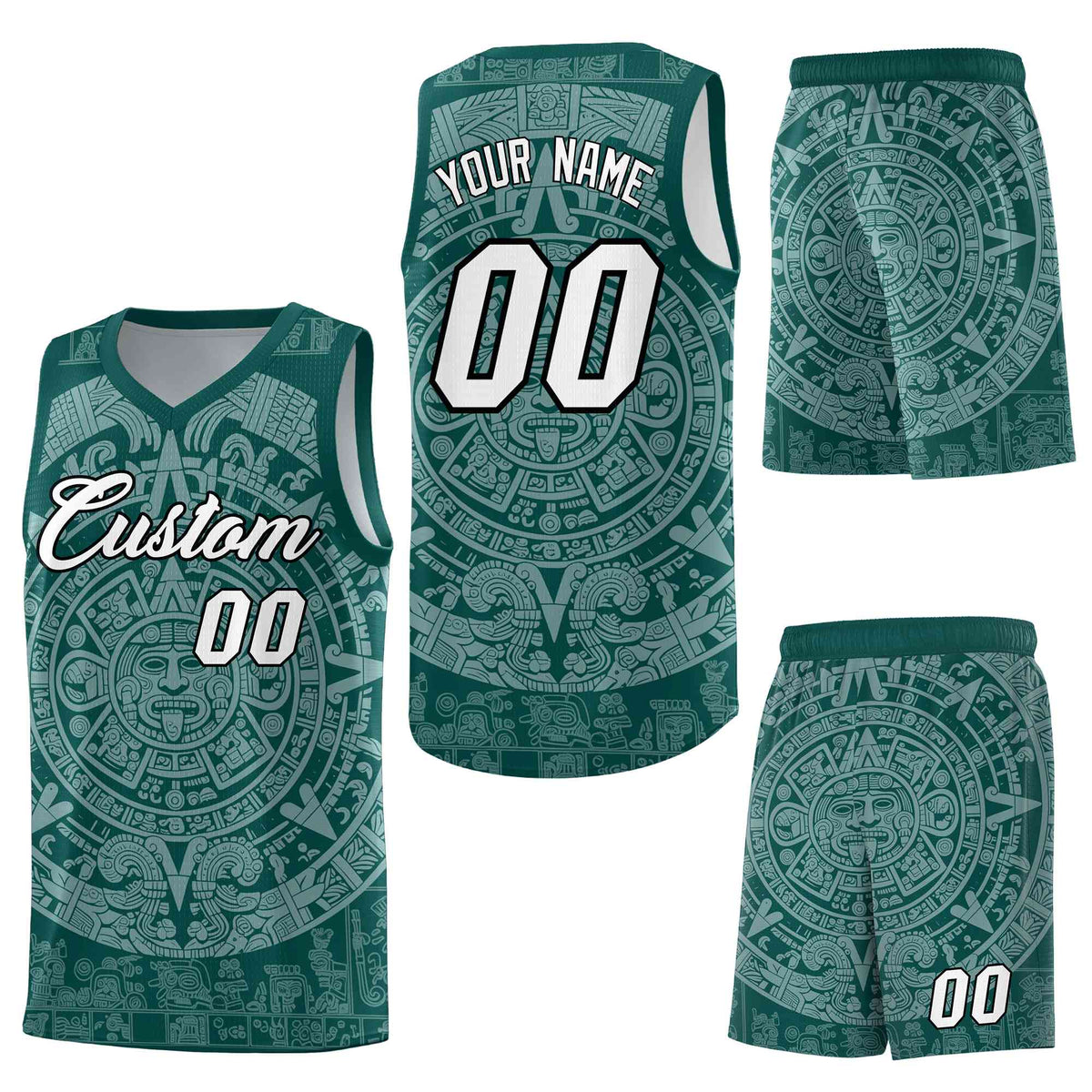 Custom Midnight Green White Aztec Sun Stone Graffiti Pattern Wrinkle-Resistant Uniform Basketball Jersey