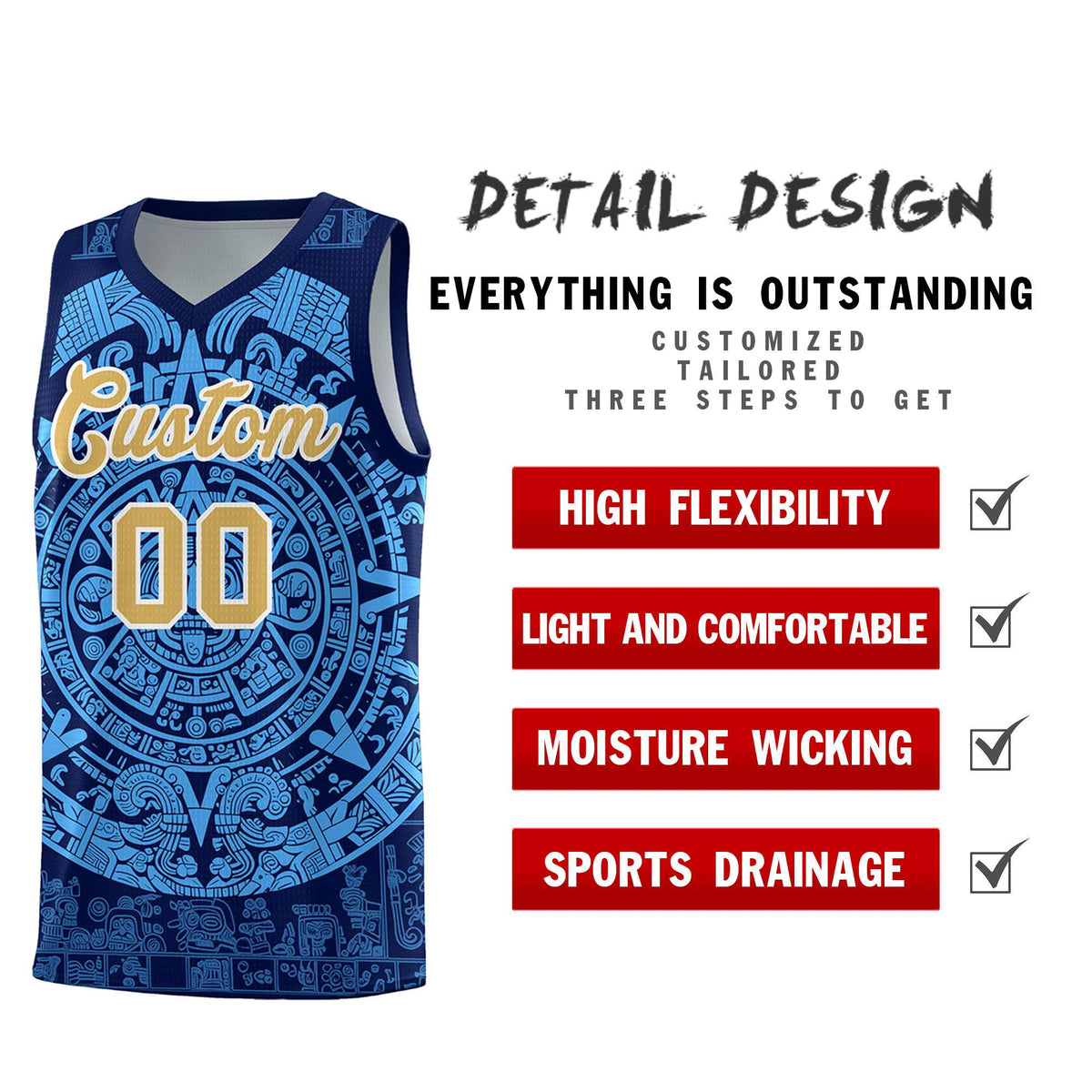 Custom Youth Basketball Jerseys Powder Blue Aztec Sun Stone Personalized Uniform