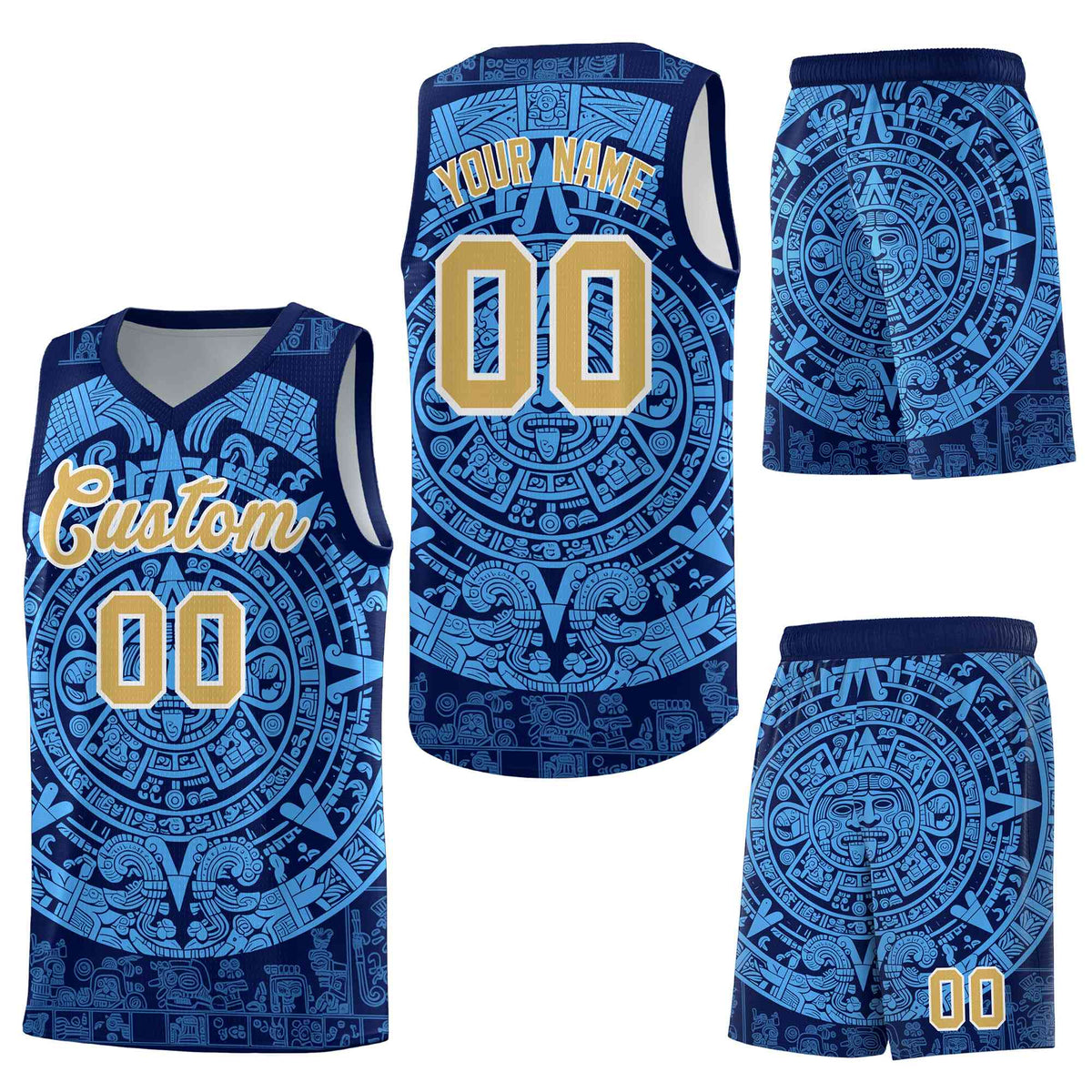 Custom Navy Powder Blue Aztec Sun Stone Graffiti Pattern Breathable Uniform Basketball Jersey