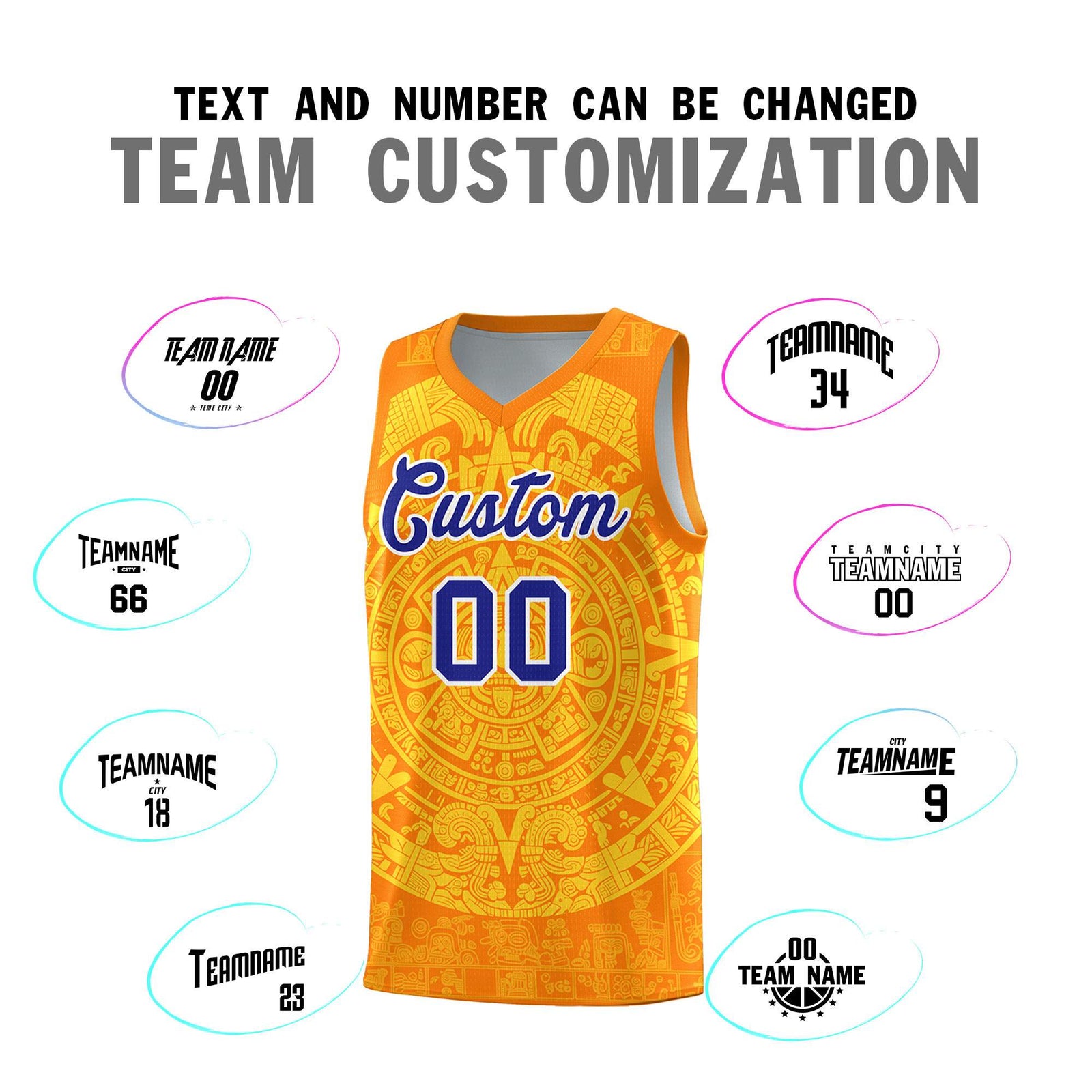 Custom Youth Basketball Jerseys Gold Aztec Sun Stone Design Team Uniform