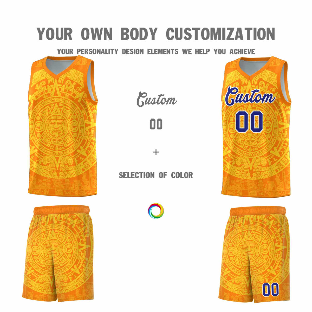 Custom Youth Basketball Jerseys Gold Aztec Sun Stone Design Team Uniform