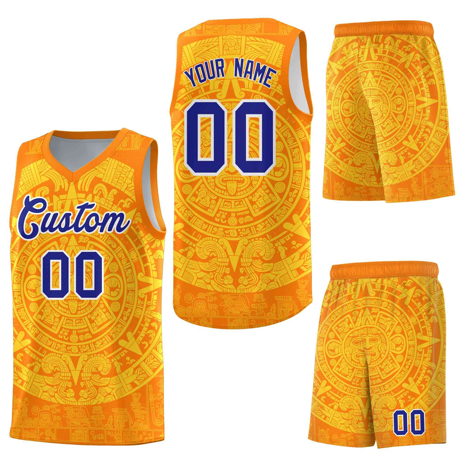 Custom Orange Gold Aztec Sun Stone Graffiti Pattern Lightweight Uniform Basketball Jersey