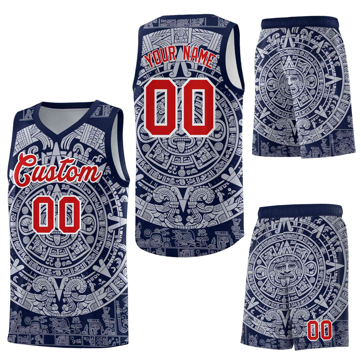 Custom Navy White Aztec Sun Stone Graffiti Pattern Breathable Uniform Basketball Jersey
