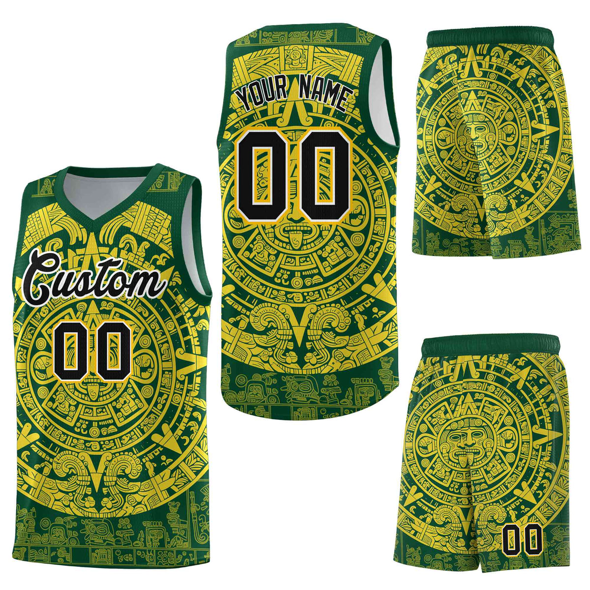 Custom Green Gold Aztec Sun Stone Graffiti Pattern Quick-Drying Uniform Basketball Jersey